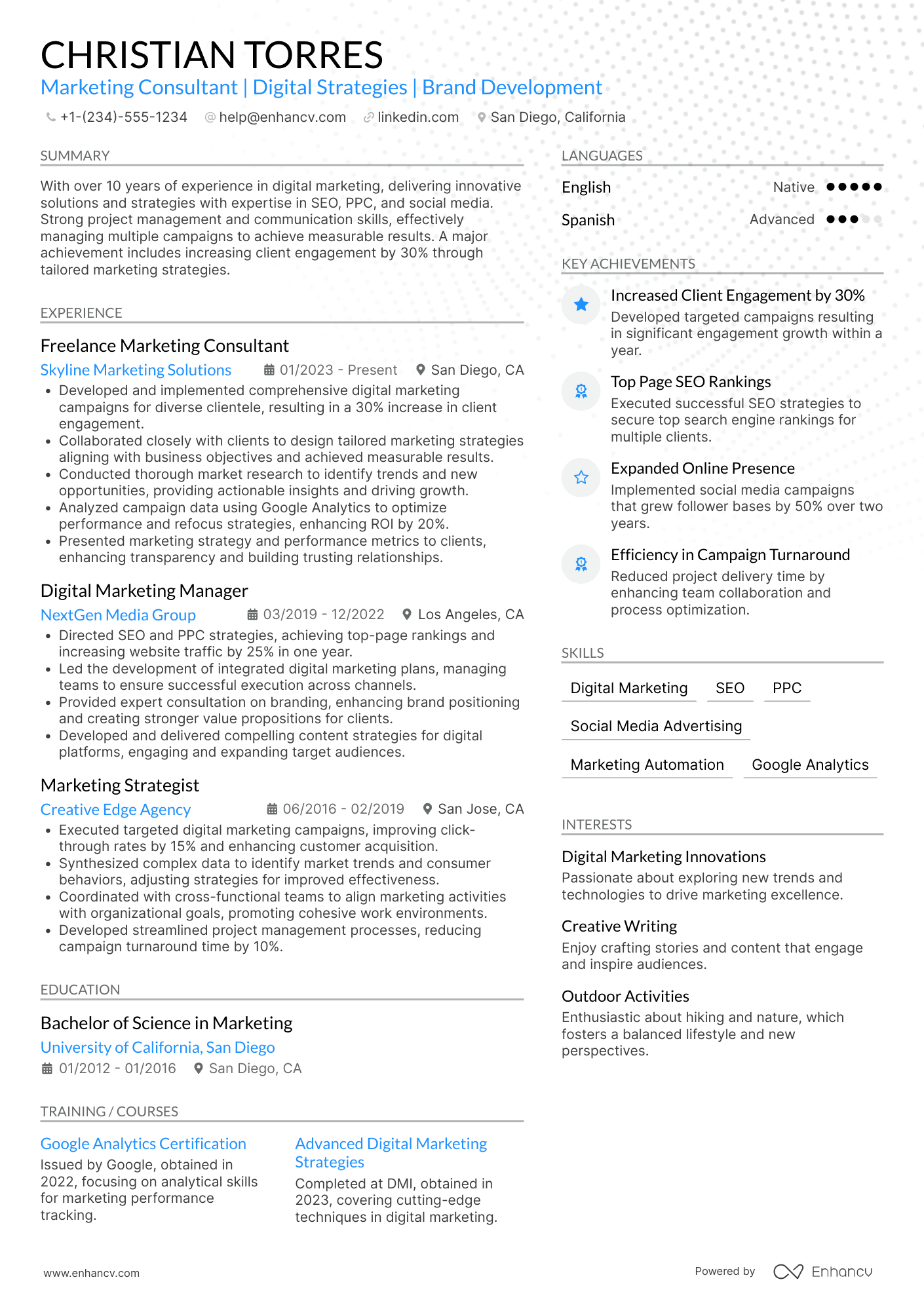 Freelance Marketing Consultant resume example