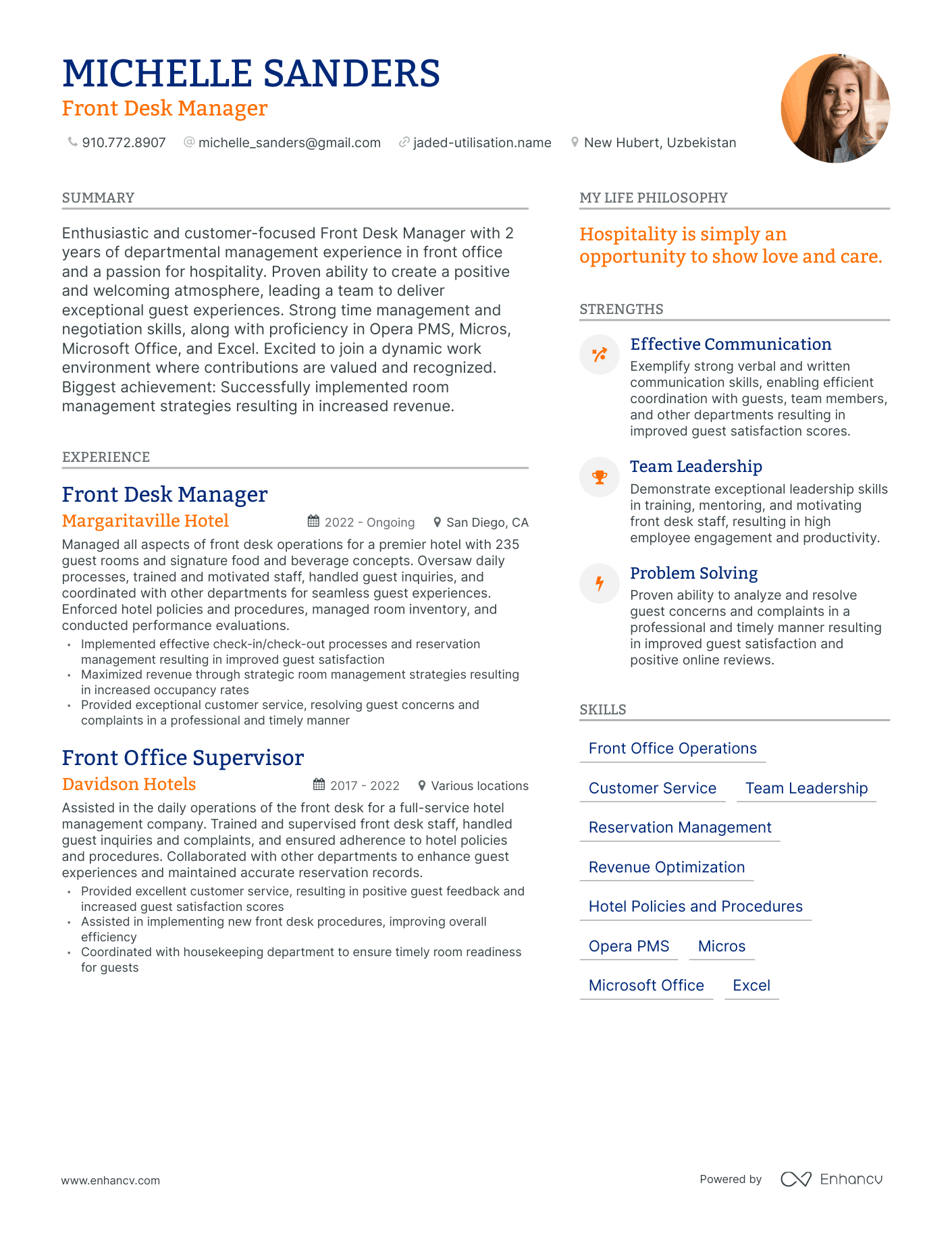 Front Desk Manager resume example