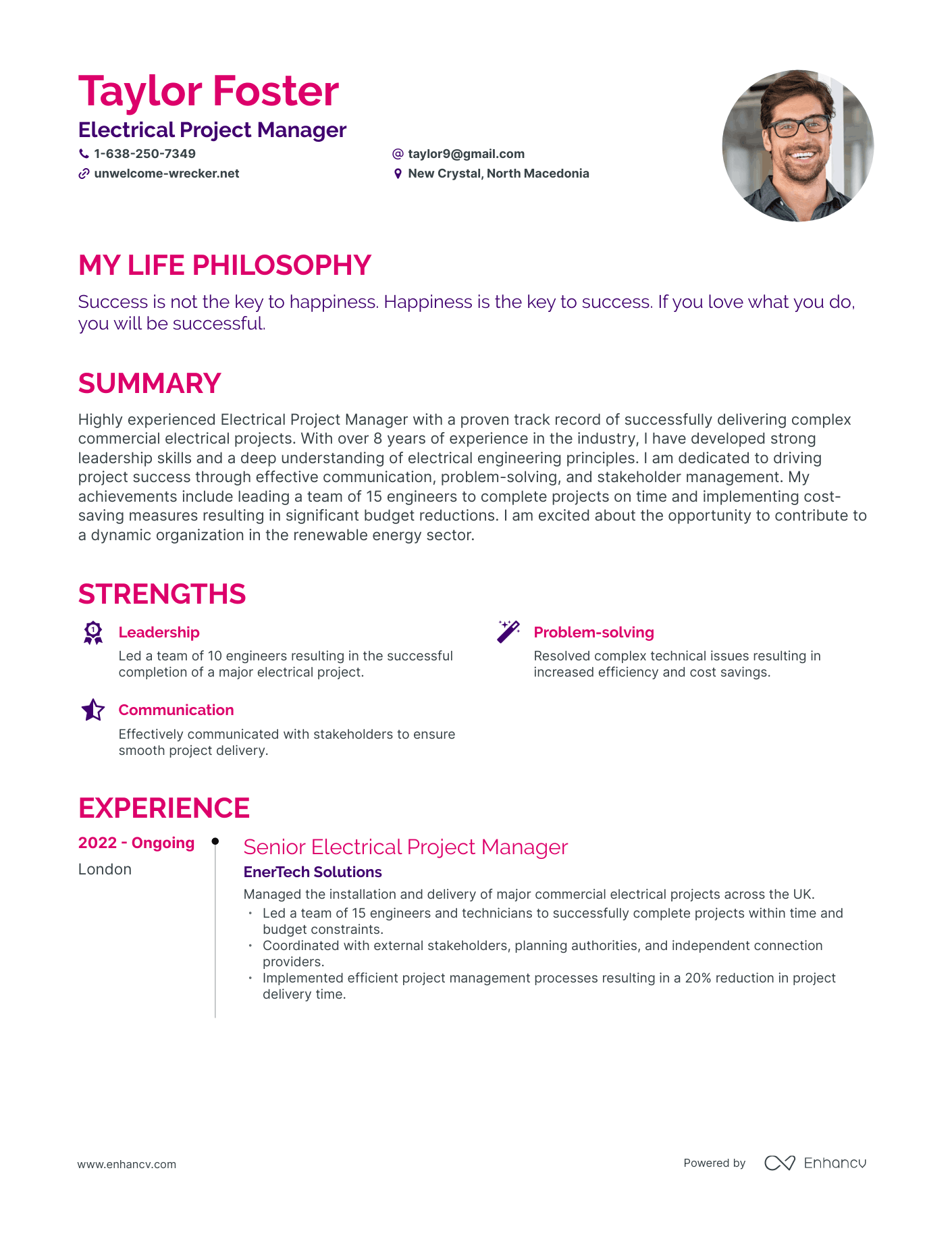 Creative Electrical Project Manager Resume Example