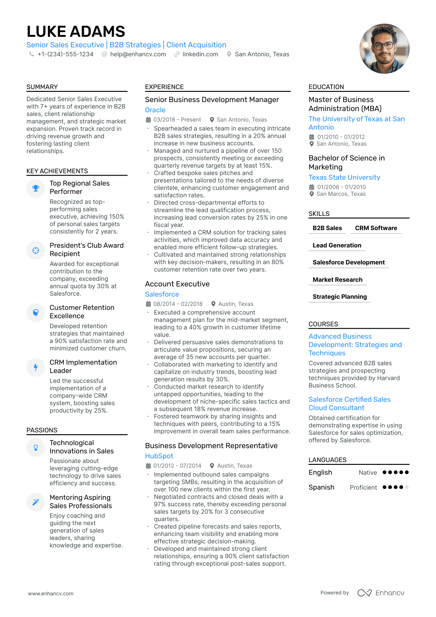 A three column resume template with an image in the header. Perfect if you have lots of experience to show on your resume. Blue colored accents.