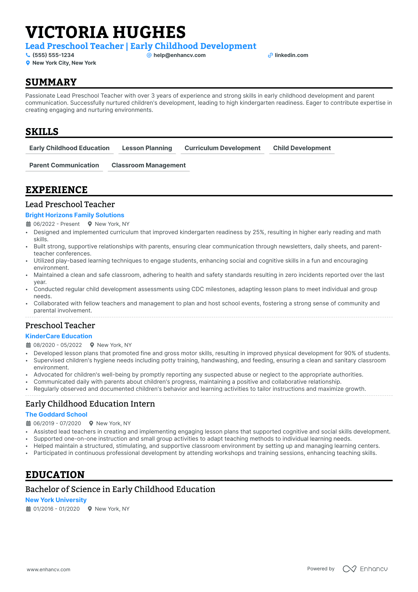 Full-time Preschool Teacher resume example