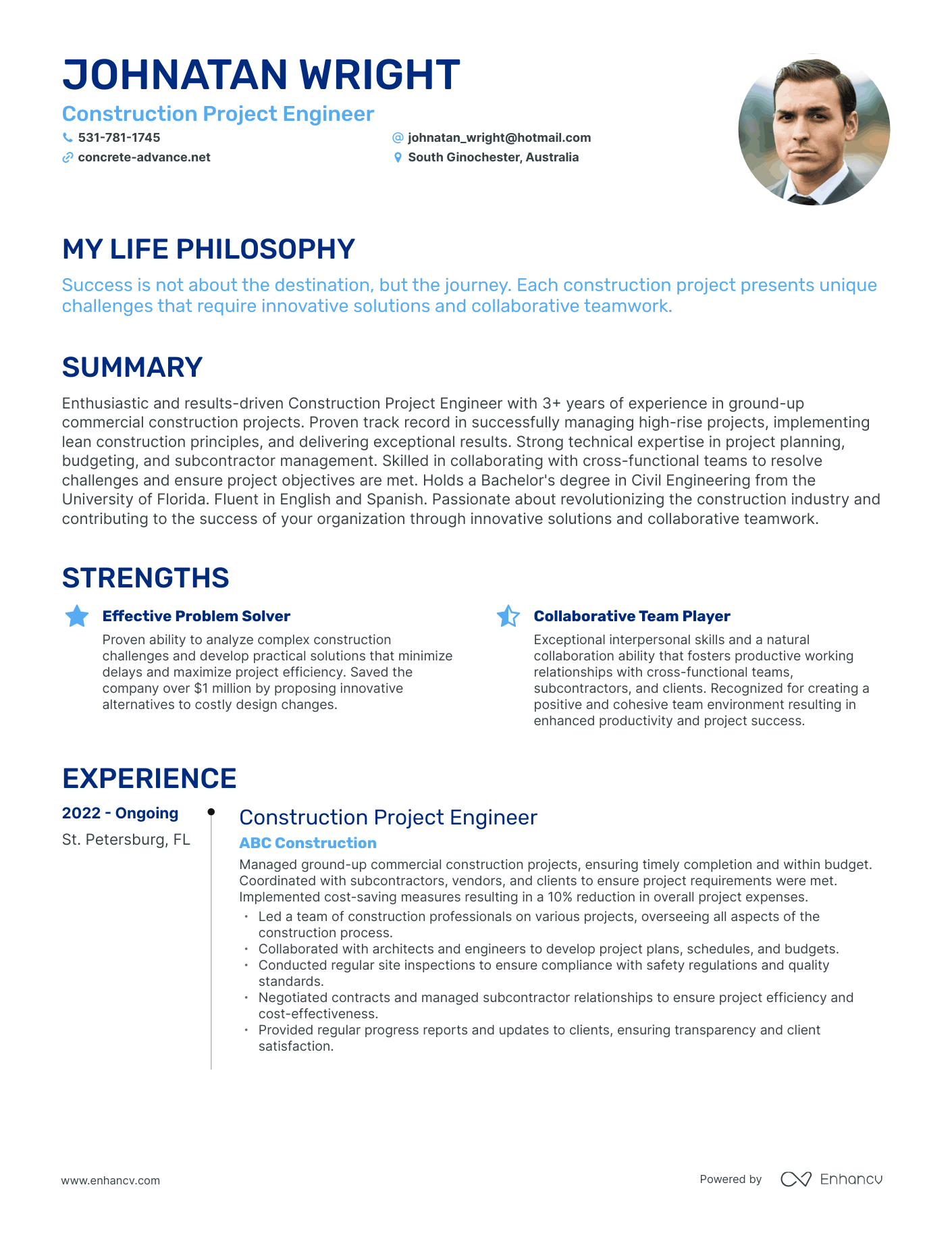 Creative Construction Project Engineer Resume Example