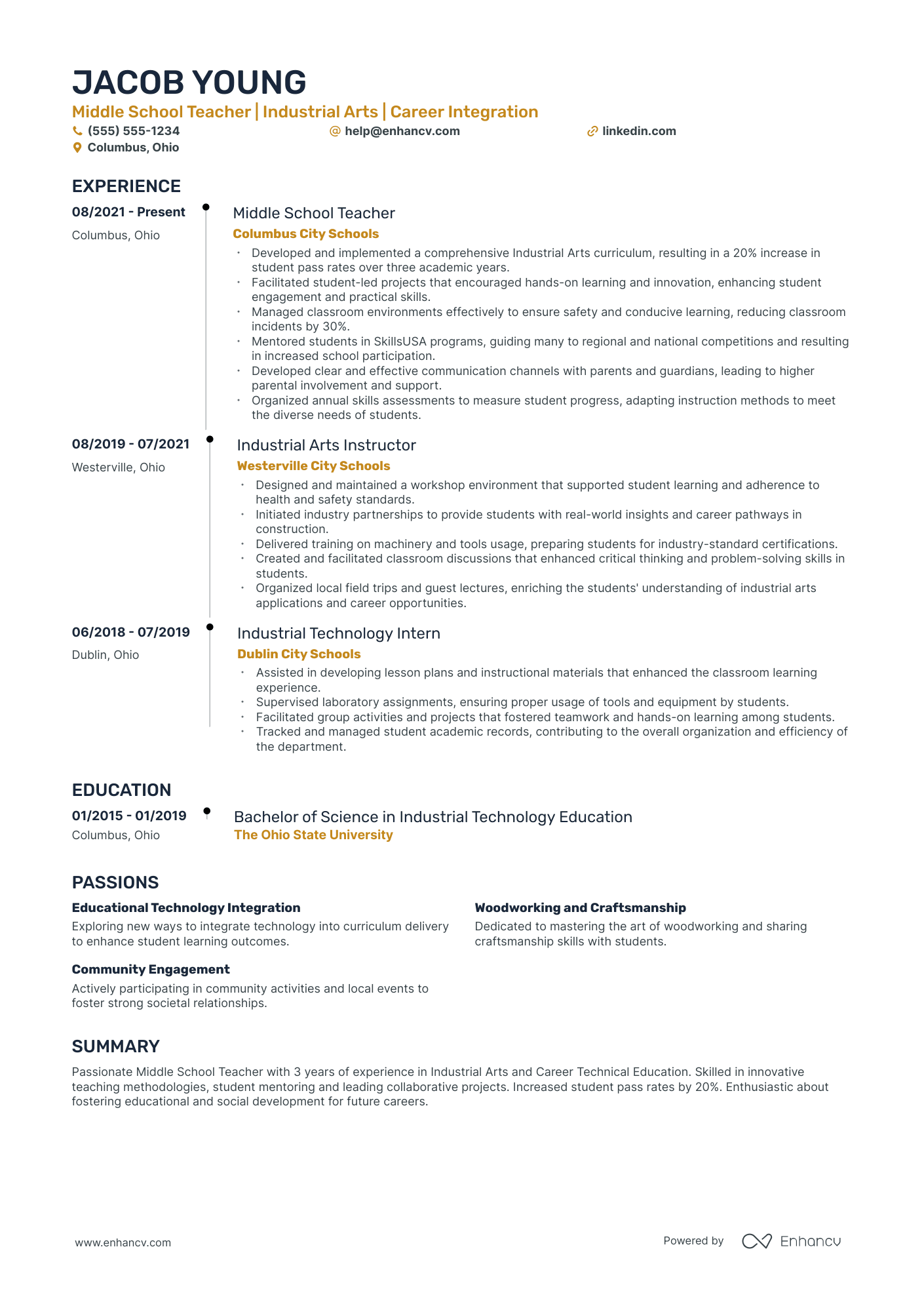 Middle School Teacher resume example