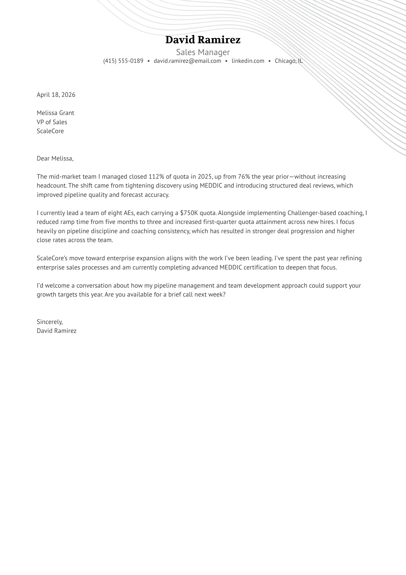 Sales Manager cover letter