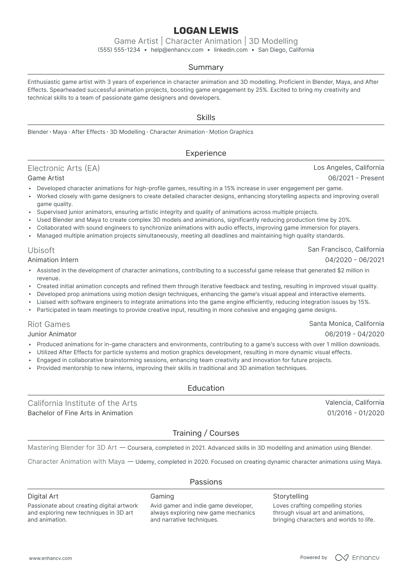 3D Animator resume example