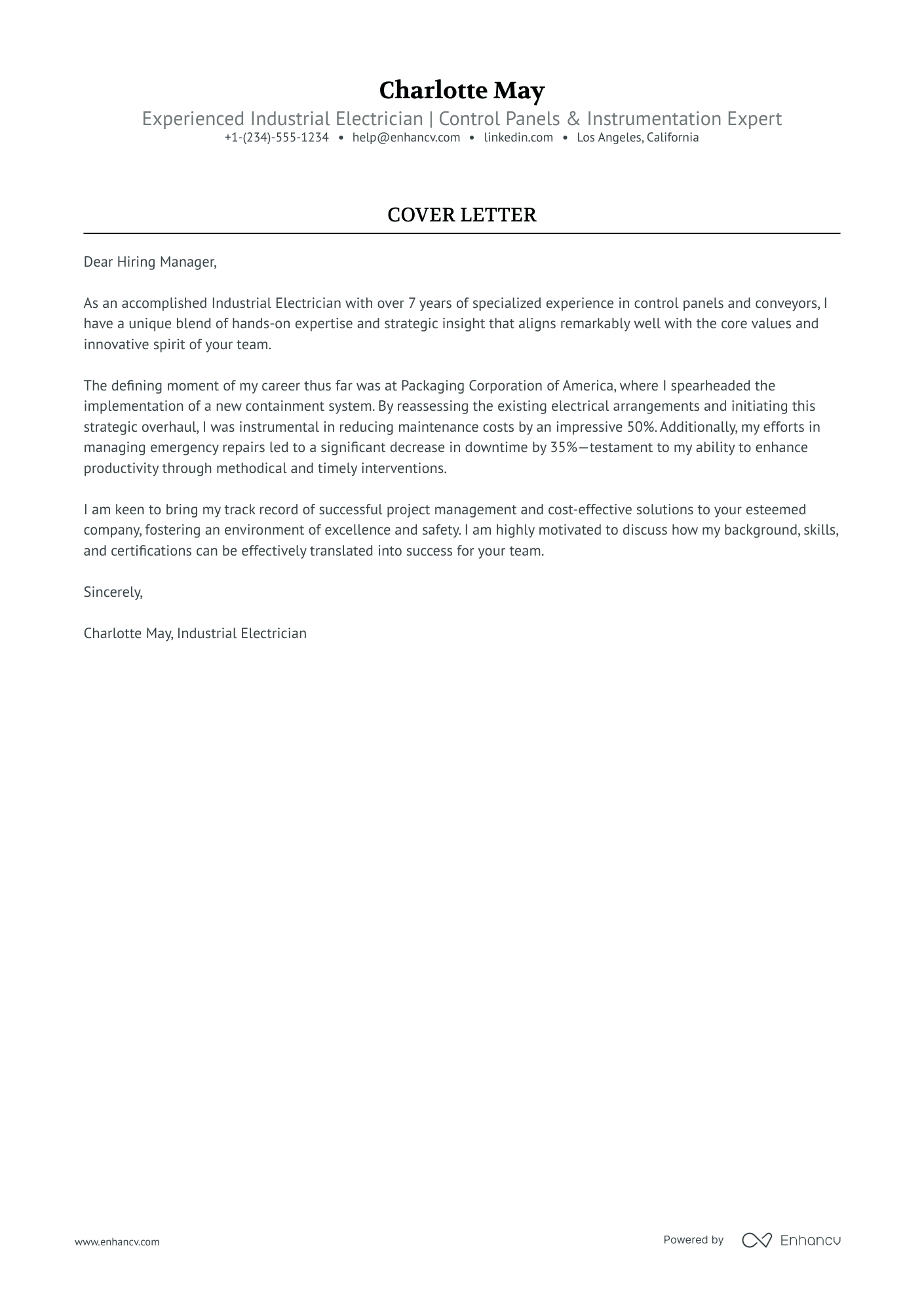 Industrial Electrician cover letter