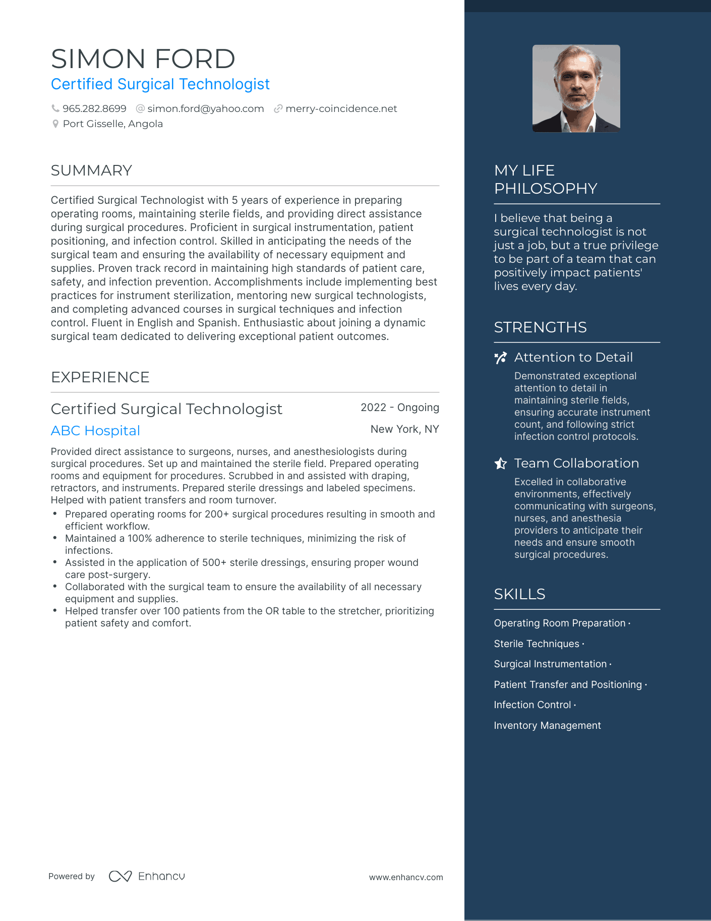 Certified Surgical Technologist resume example