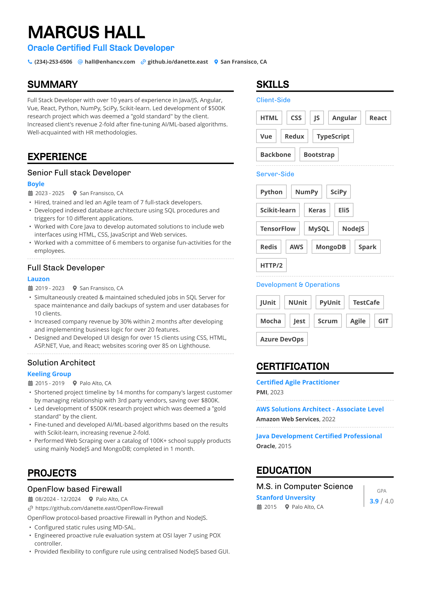 Full Stack Developer resume example