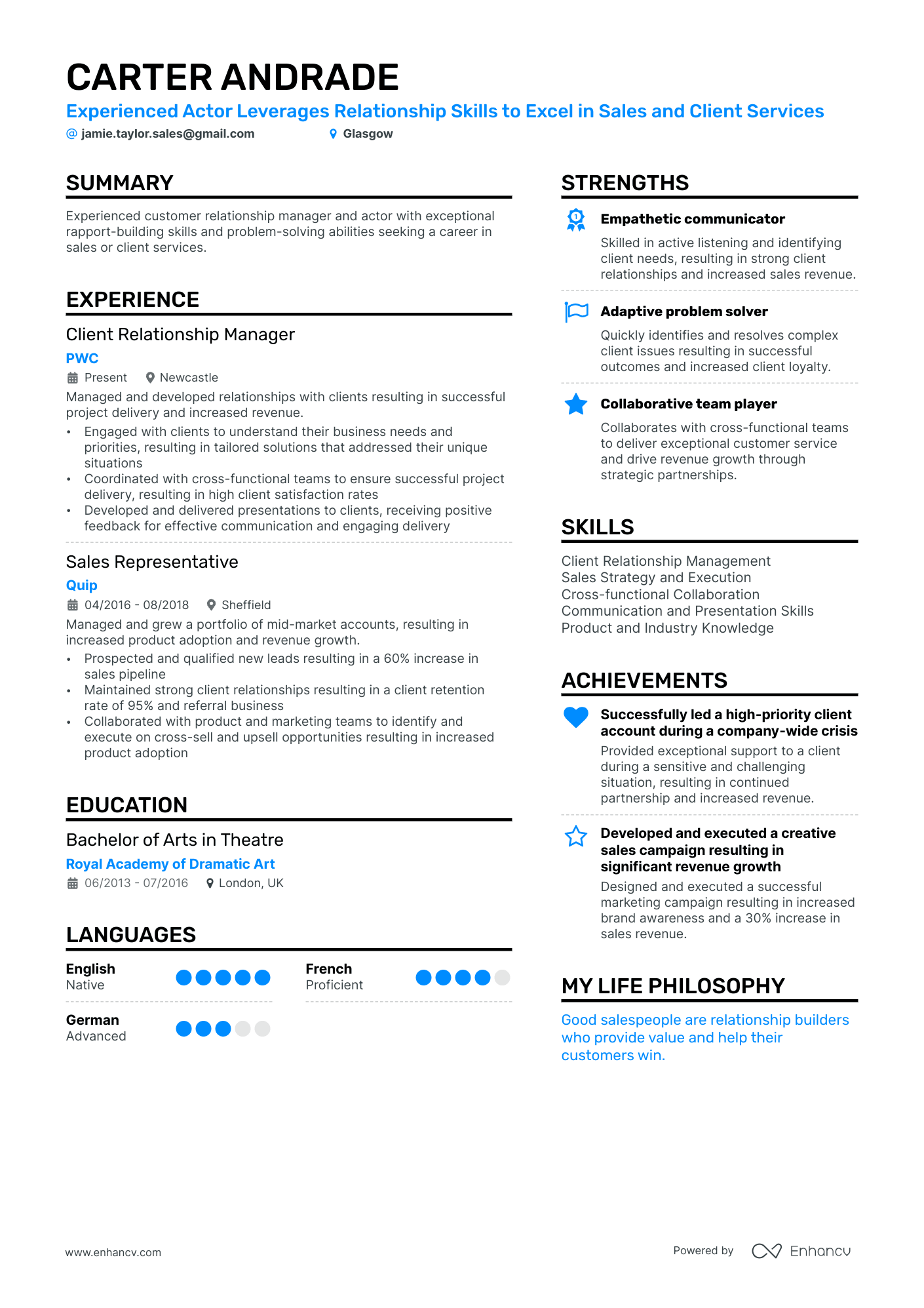 Experienced Actor Leverages Relationship Skills to Excel in Sales and Client Services CV example