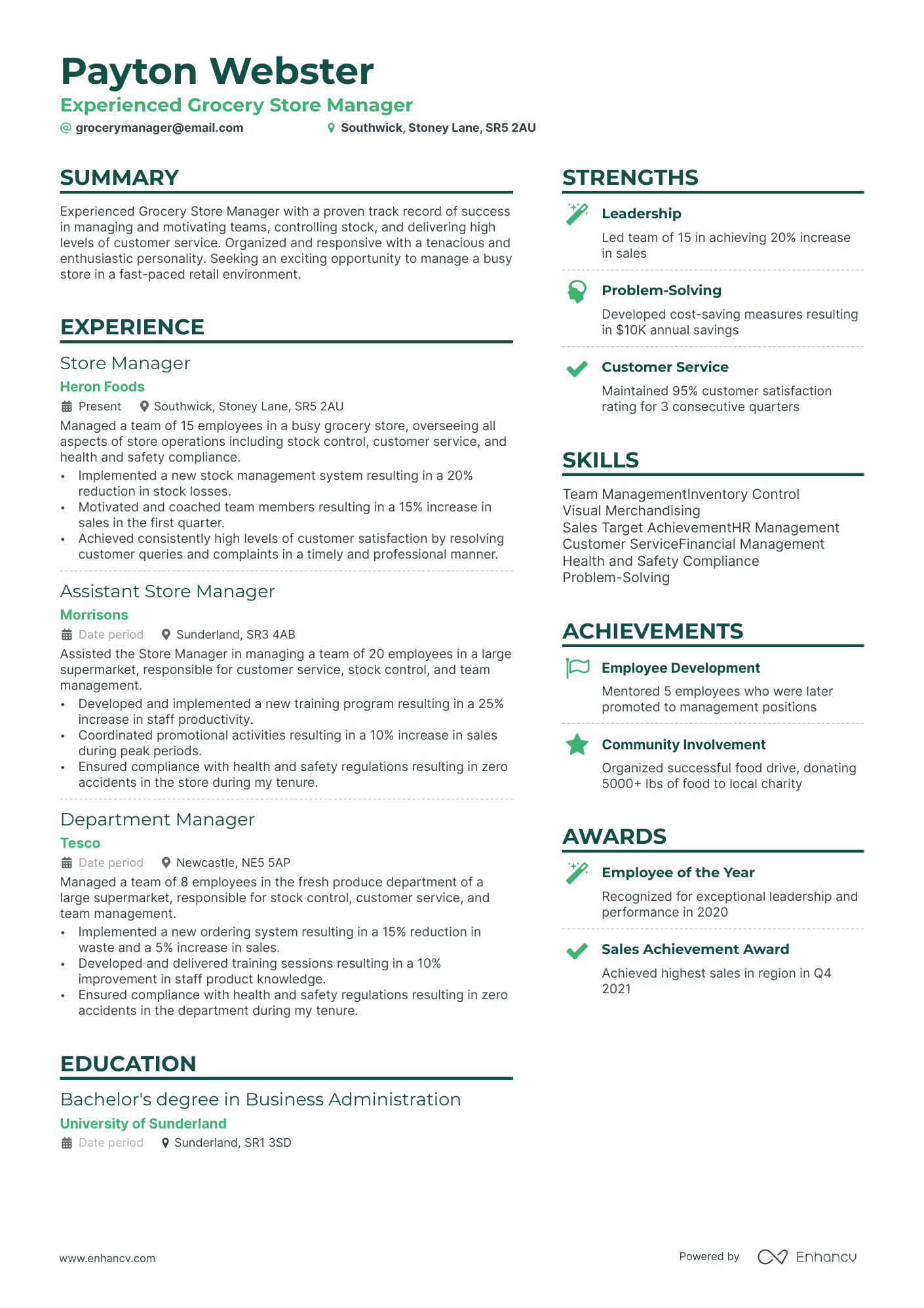 Grocery Store Manager resume example