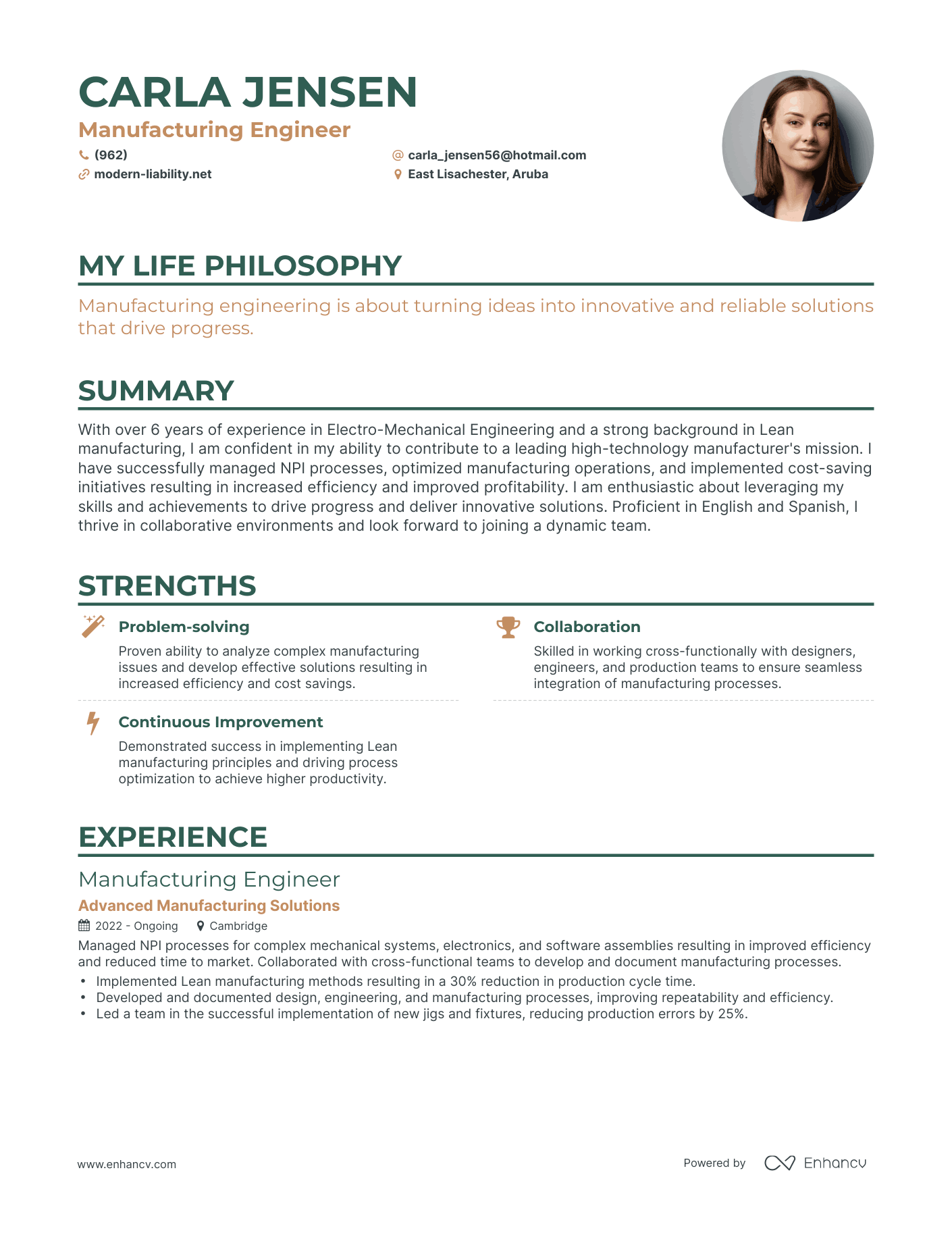 Creative Manufacturing Engineer Resume Example