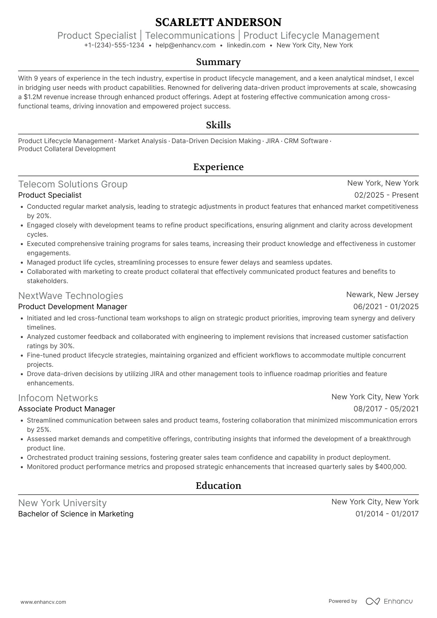 Product Specialist resume example