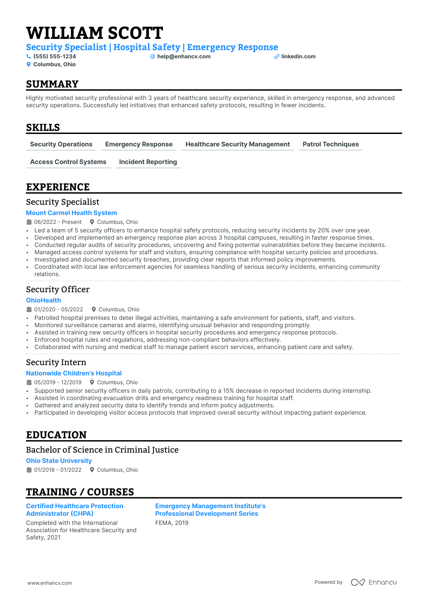 Unarmed Security Guard resume example