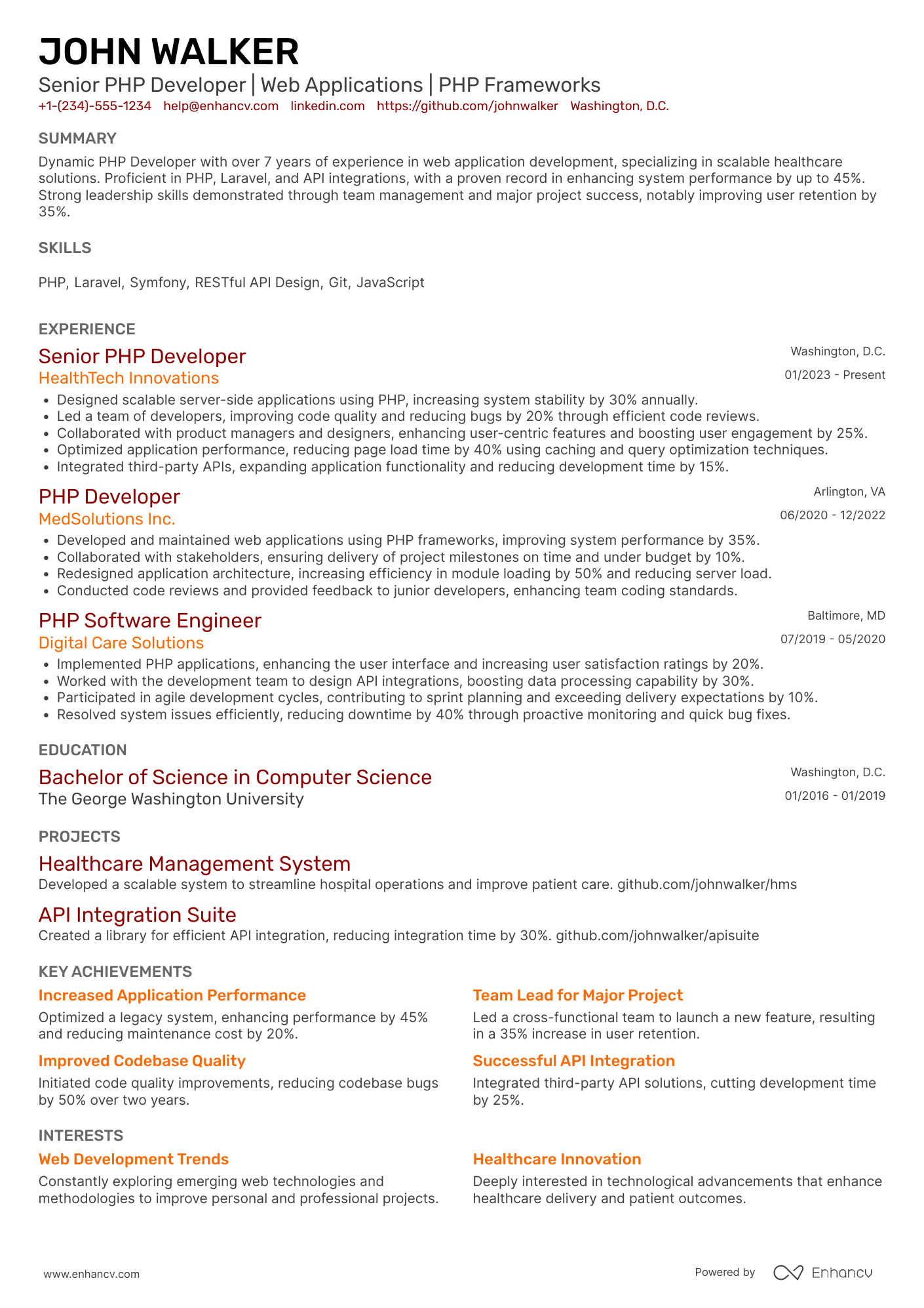 Senior PHP Developer resume example