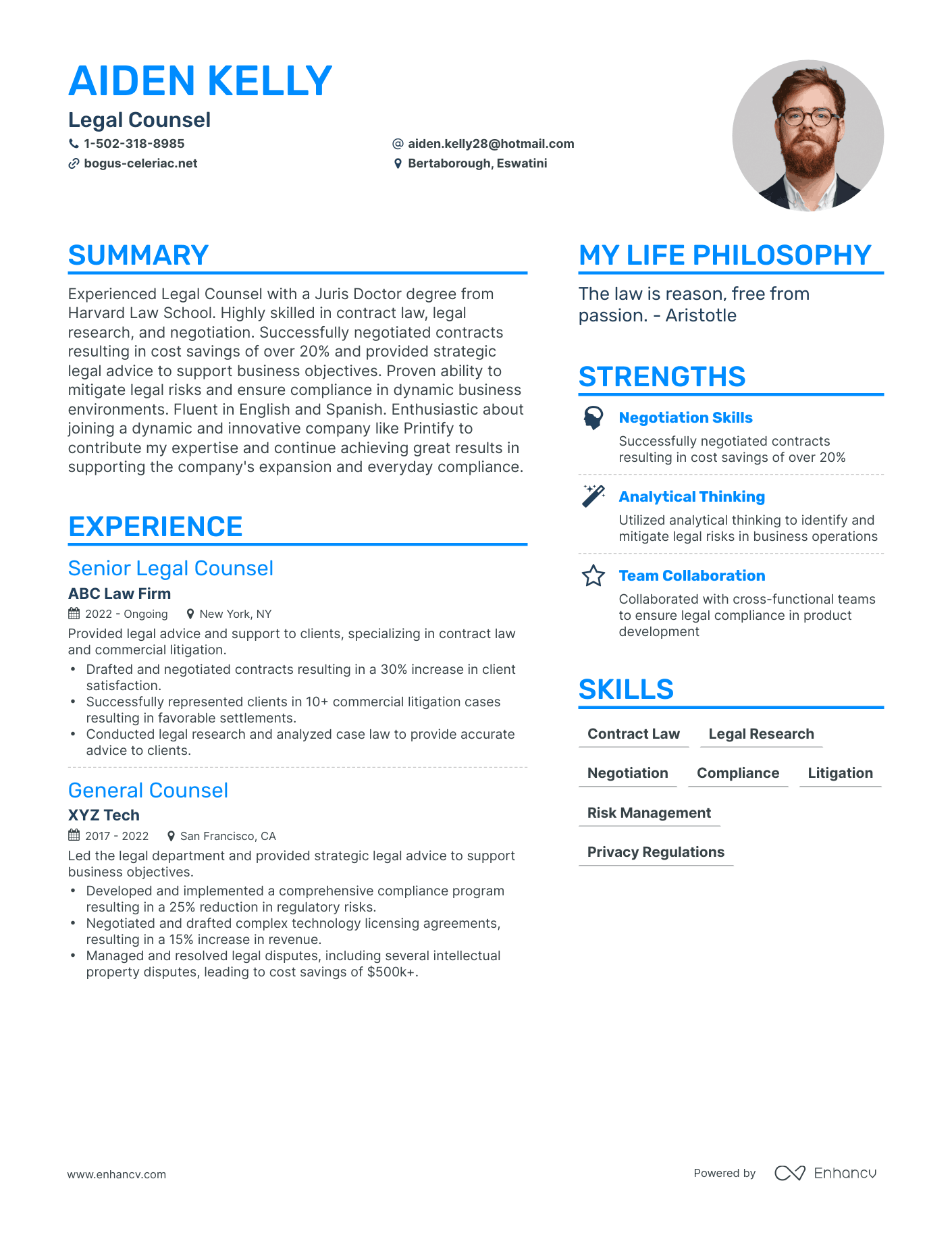 Modern Legal Counsel Resume Example
