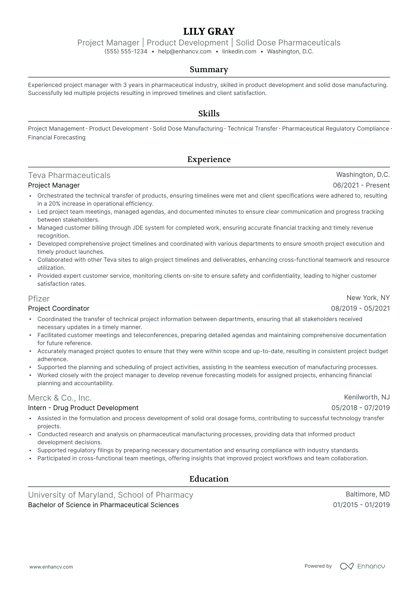 Pharmaceutical Project Manager resume example