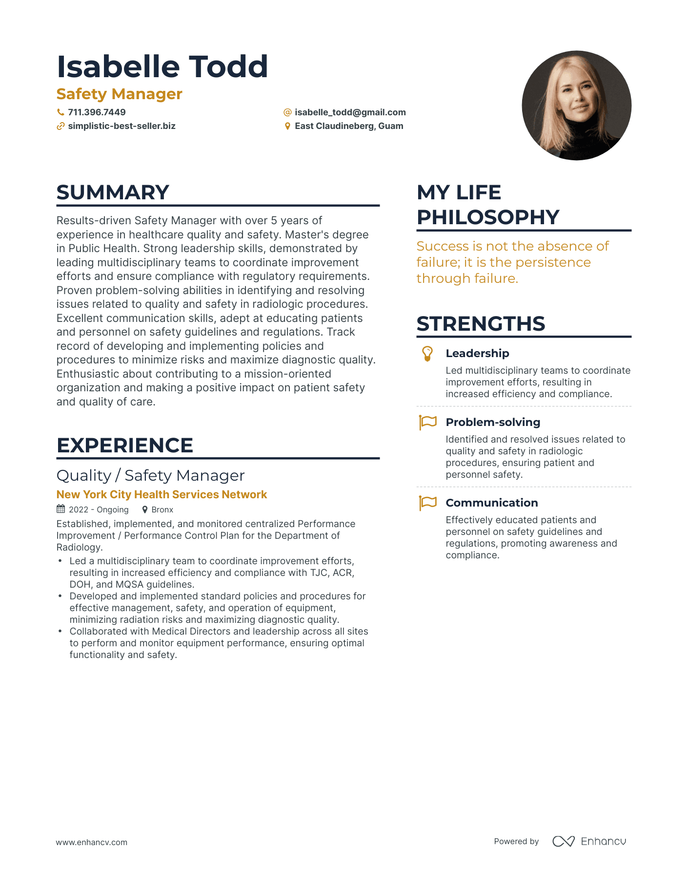 Safety Manager resume example