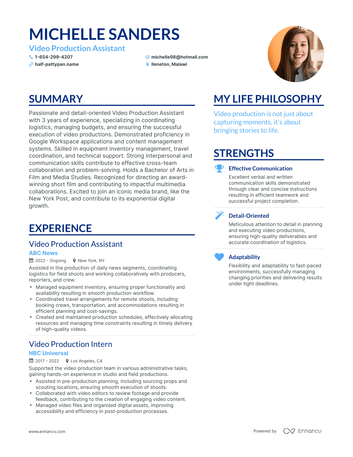 Video Production Assistant resume example