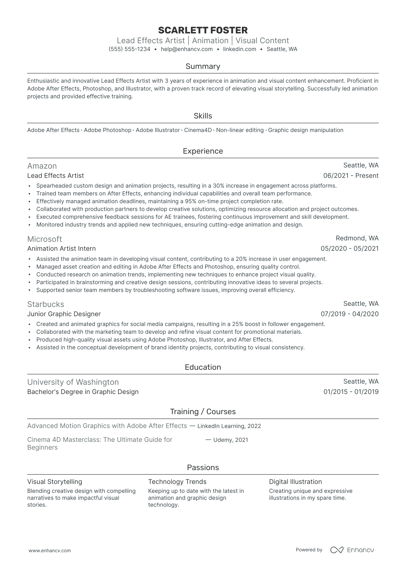 Visual Effects Artist resume example