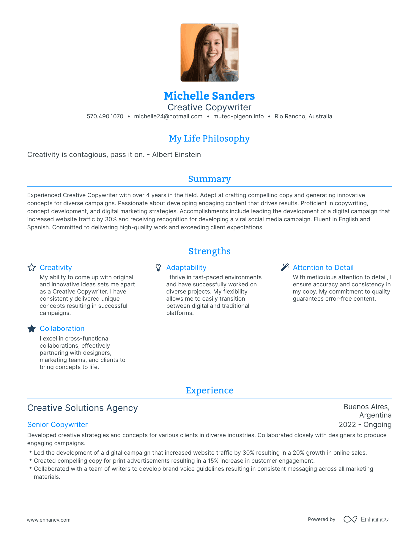 Modern Creative Copywriter Resume Example