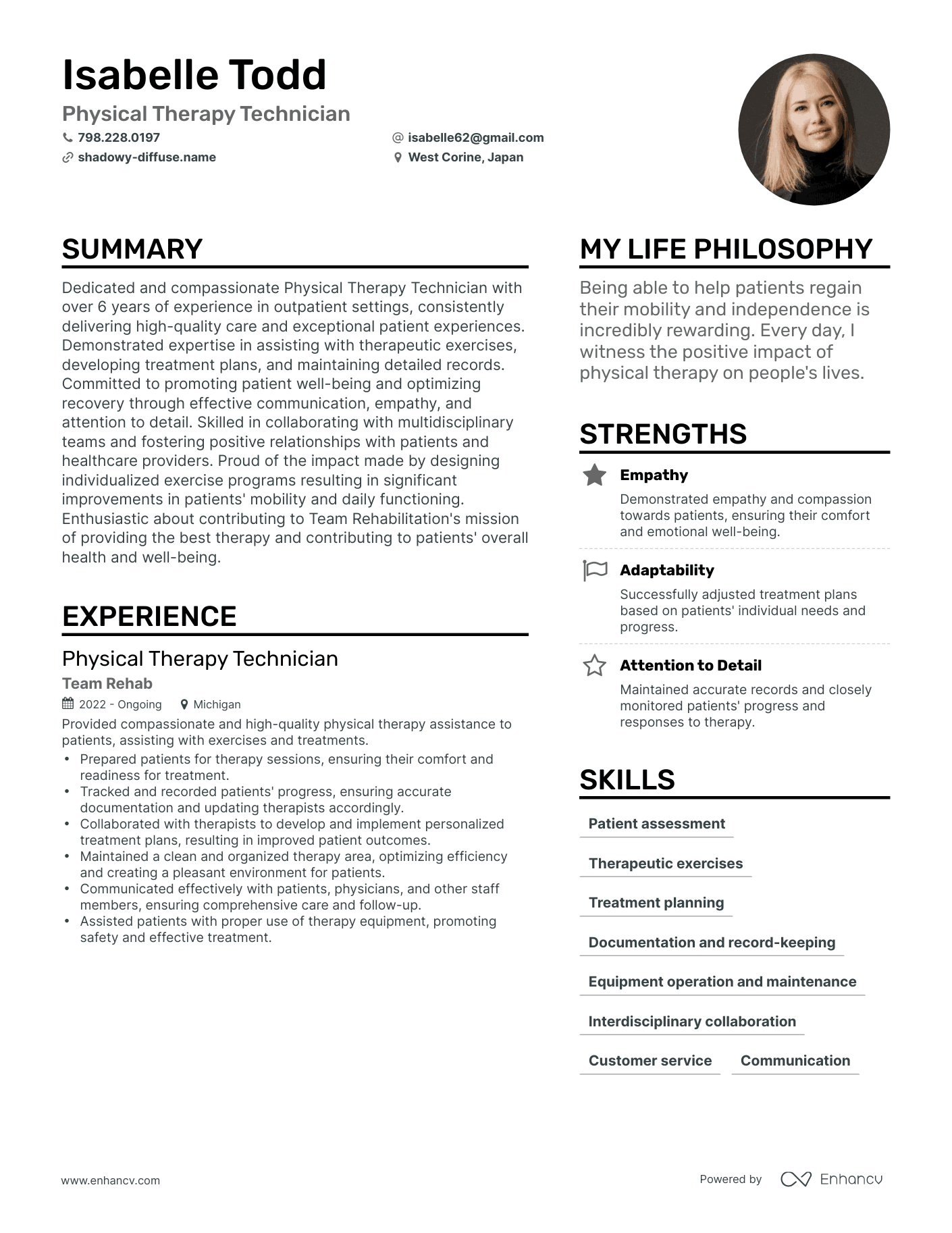 Physical Therapy Technician resume example