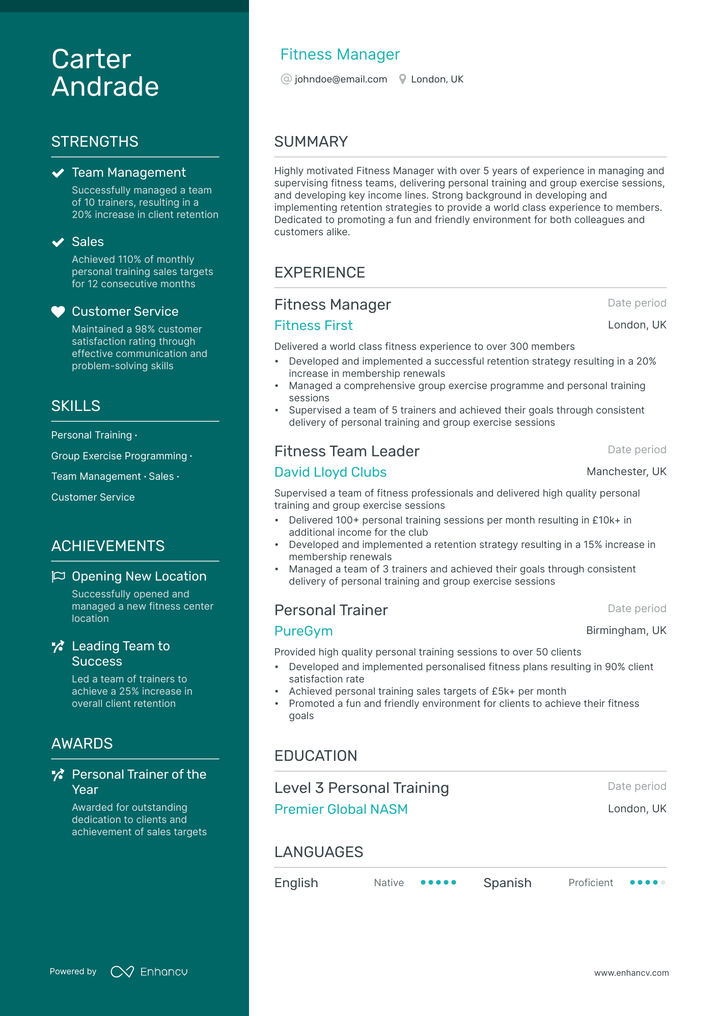 fitness manager resume example