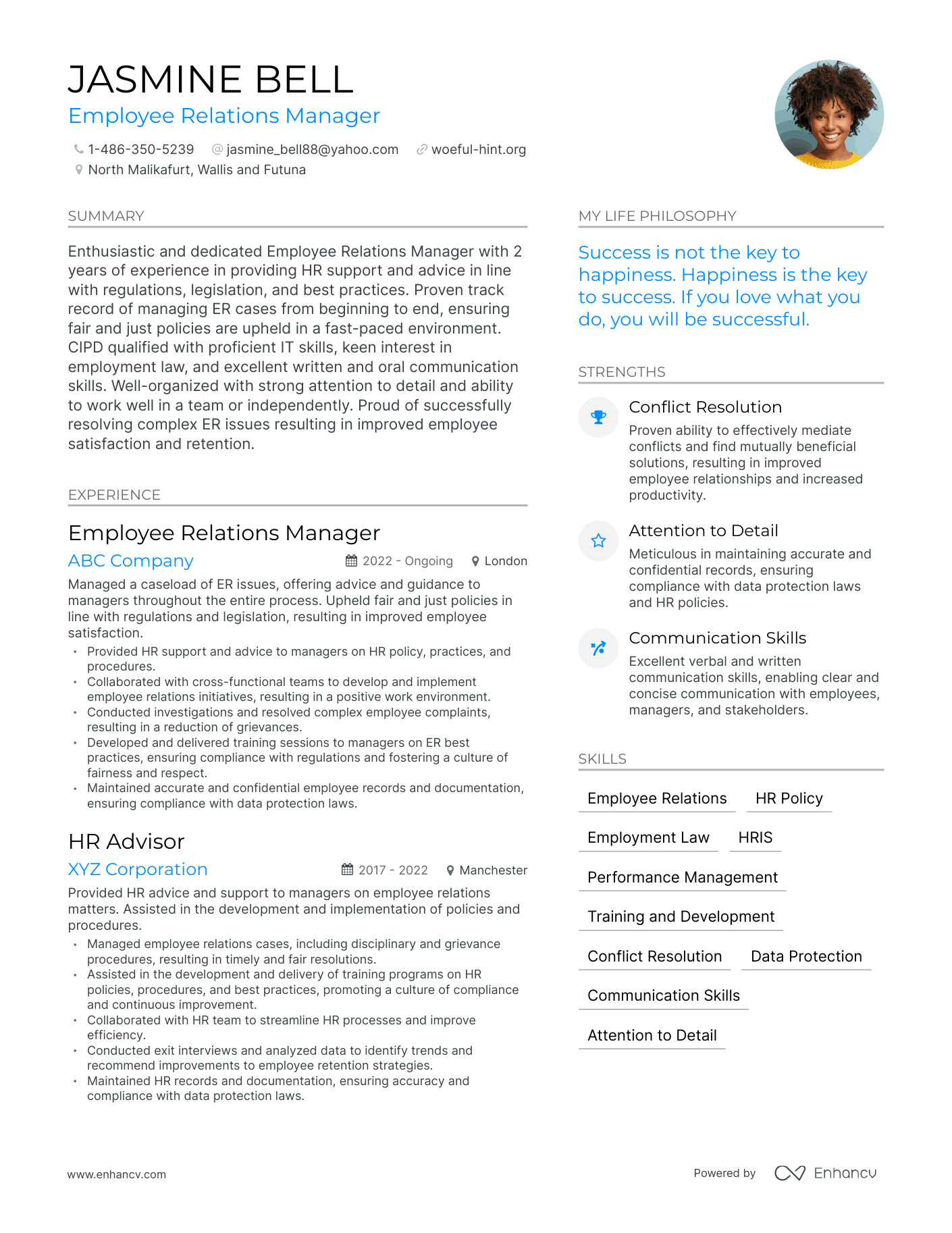 Modern Employee Relations Manager Resume Example