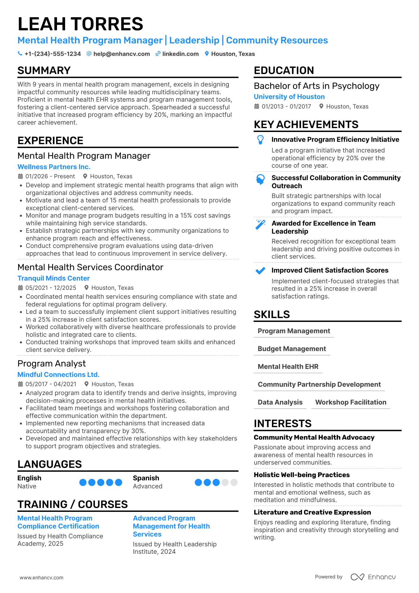 Mental Health Program Manager resume example