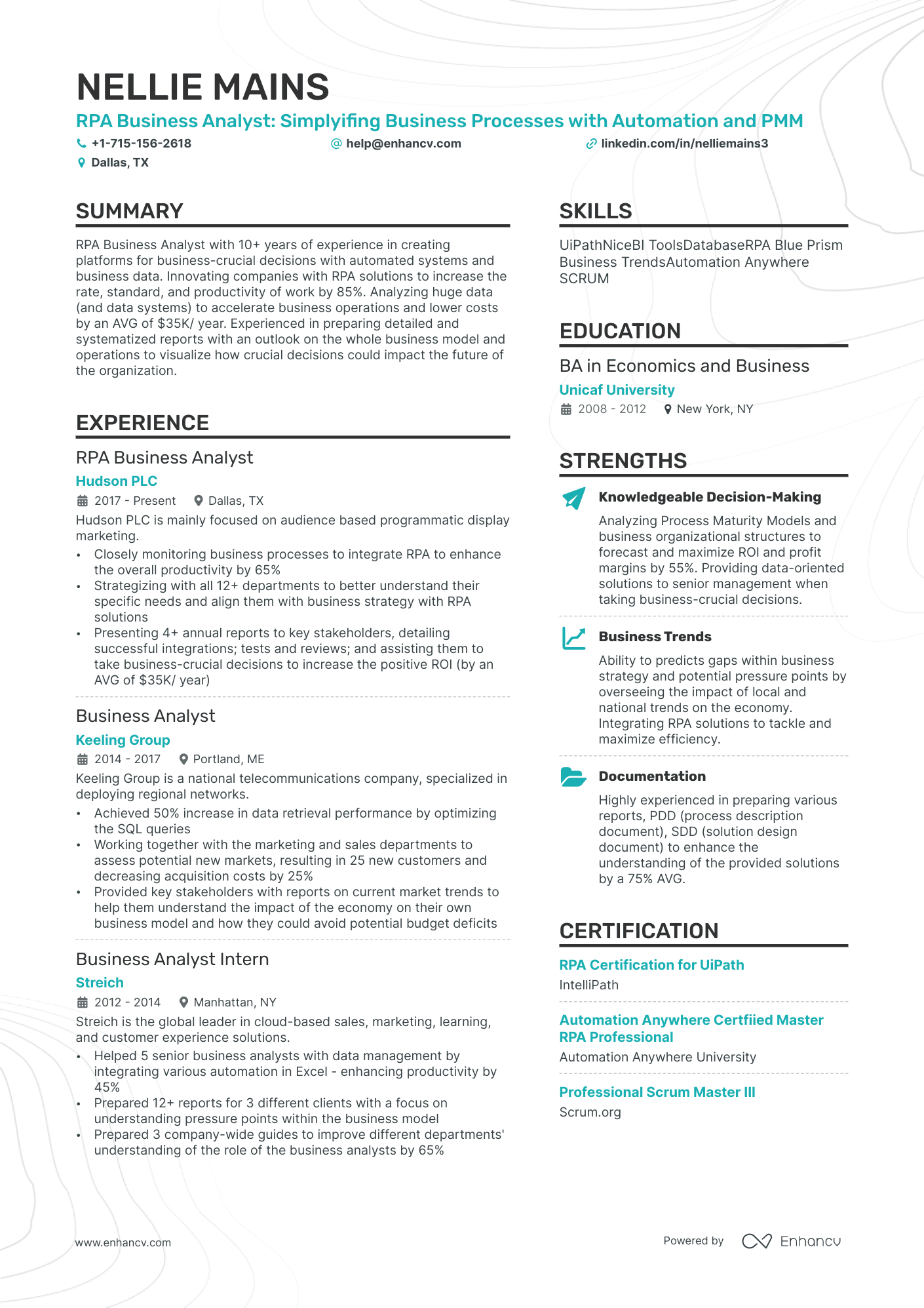 rpa business analyst resume example