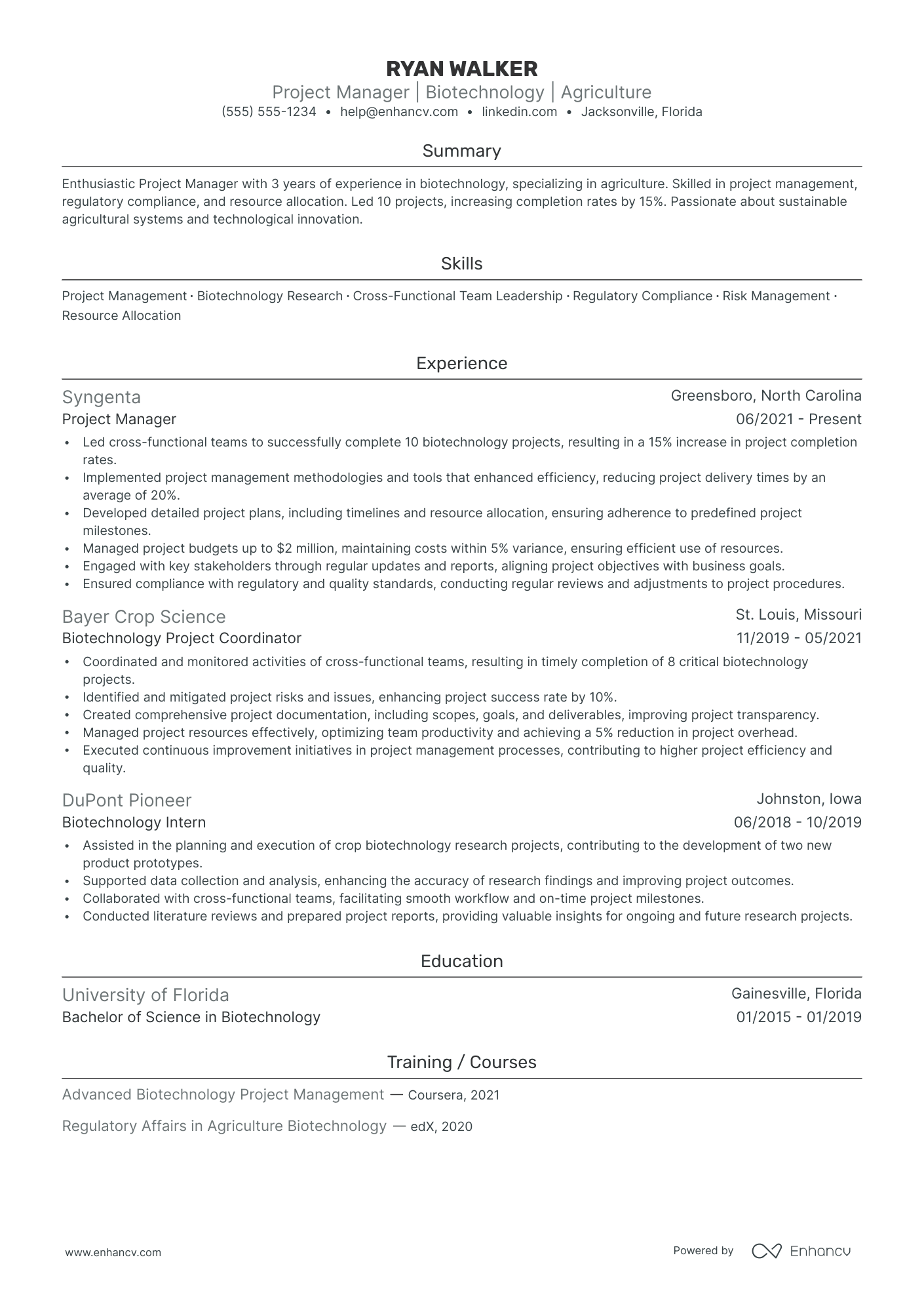 Biotechnology Project Manager resume example