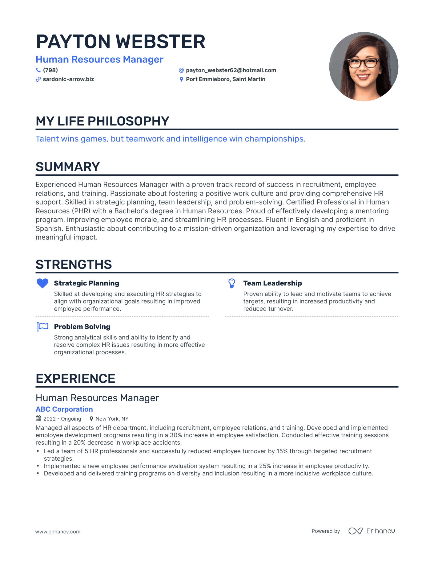 Creative Human Resources Manager Resume Example