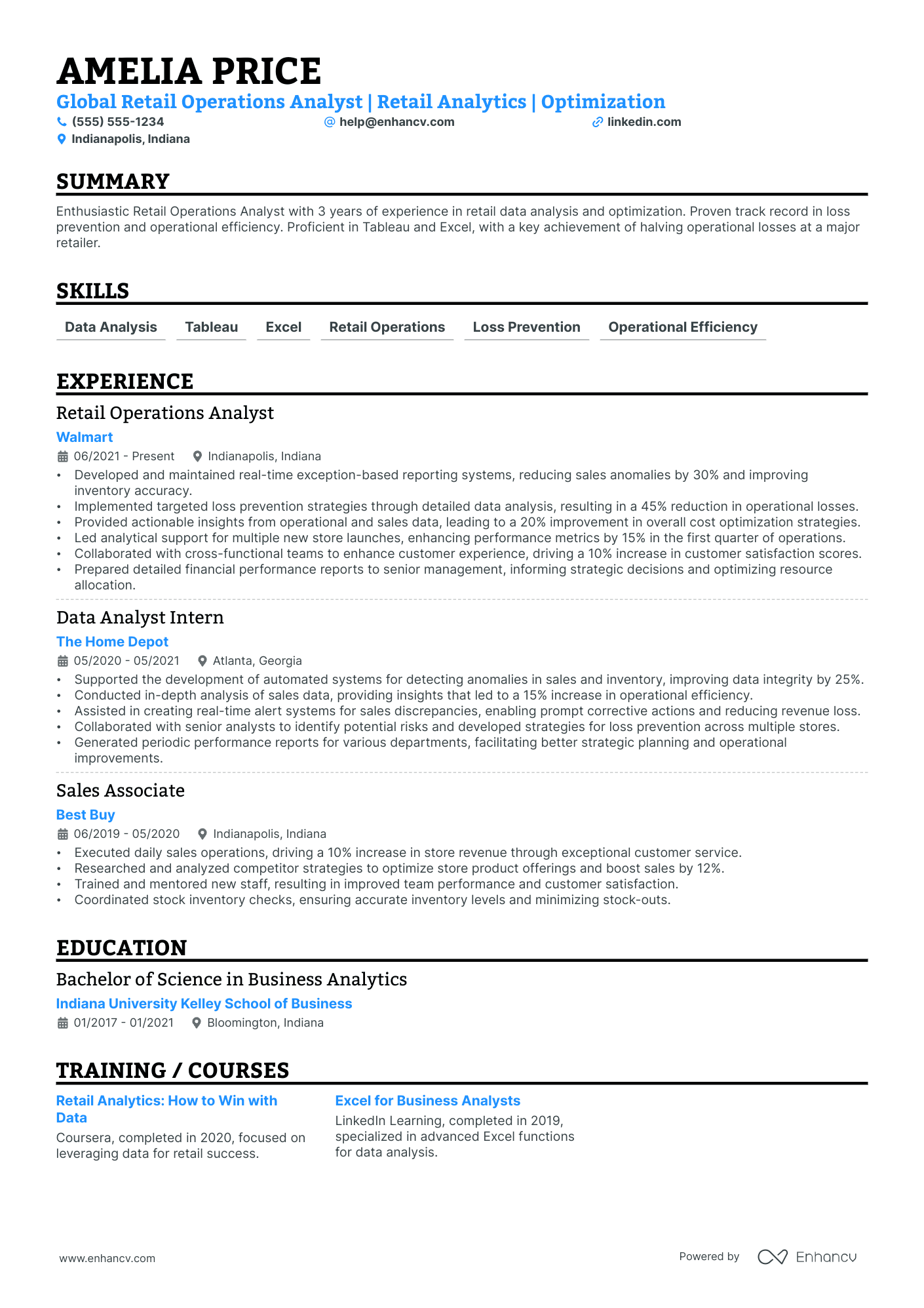 Retail Operations Analyst resume example