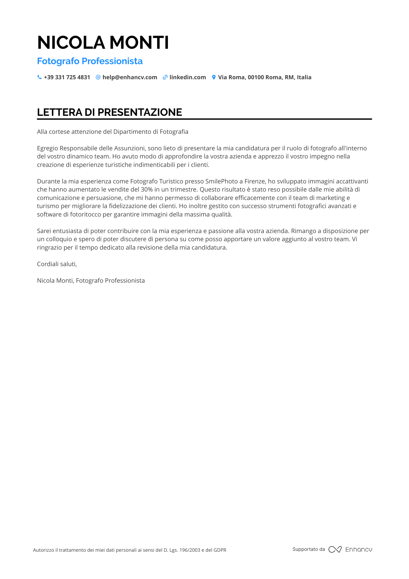 Fotografo Lettera di presentazione
