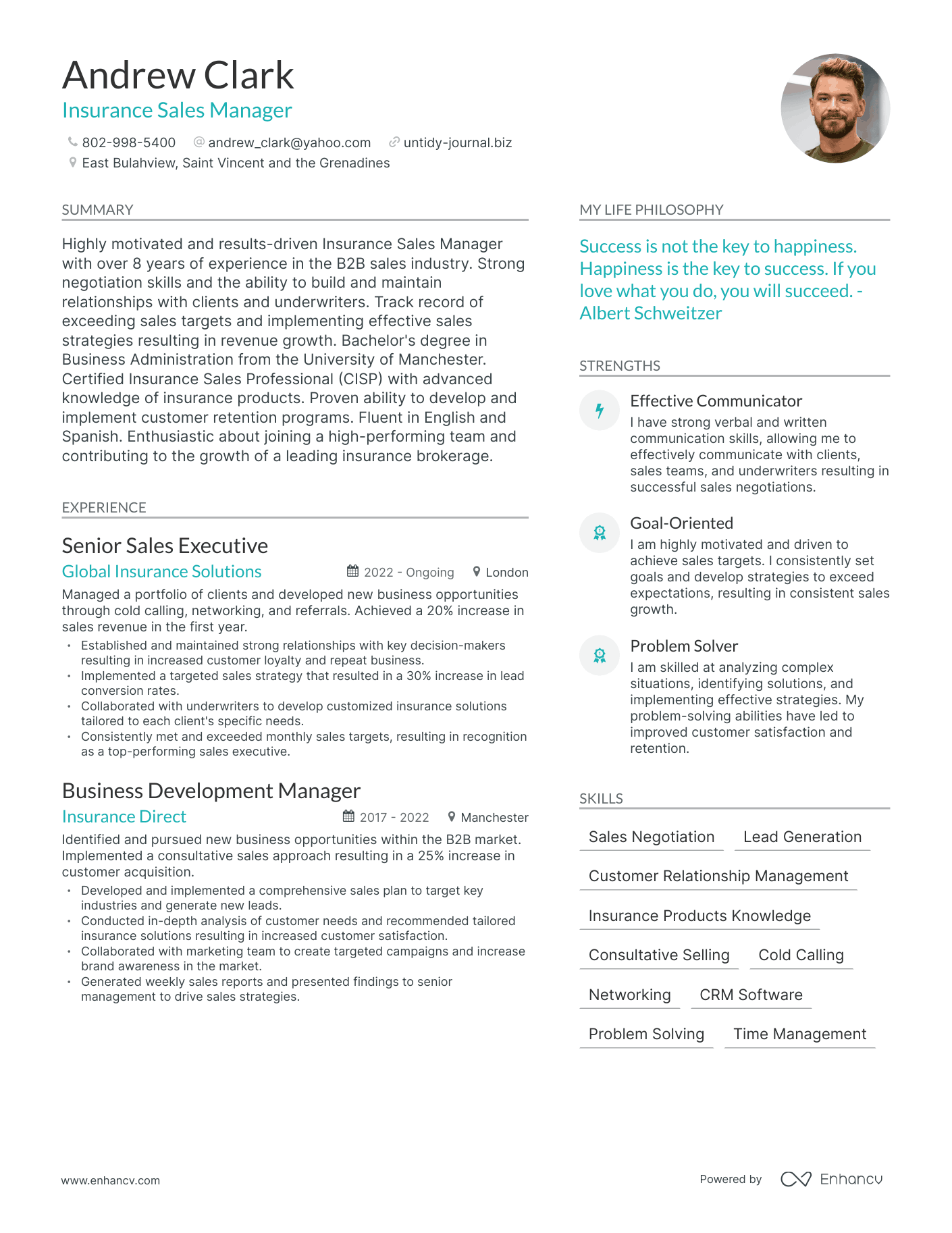 Insurance Sales Manager resume example