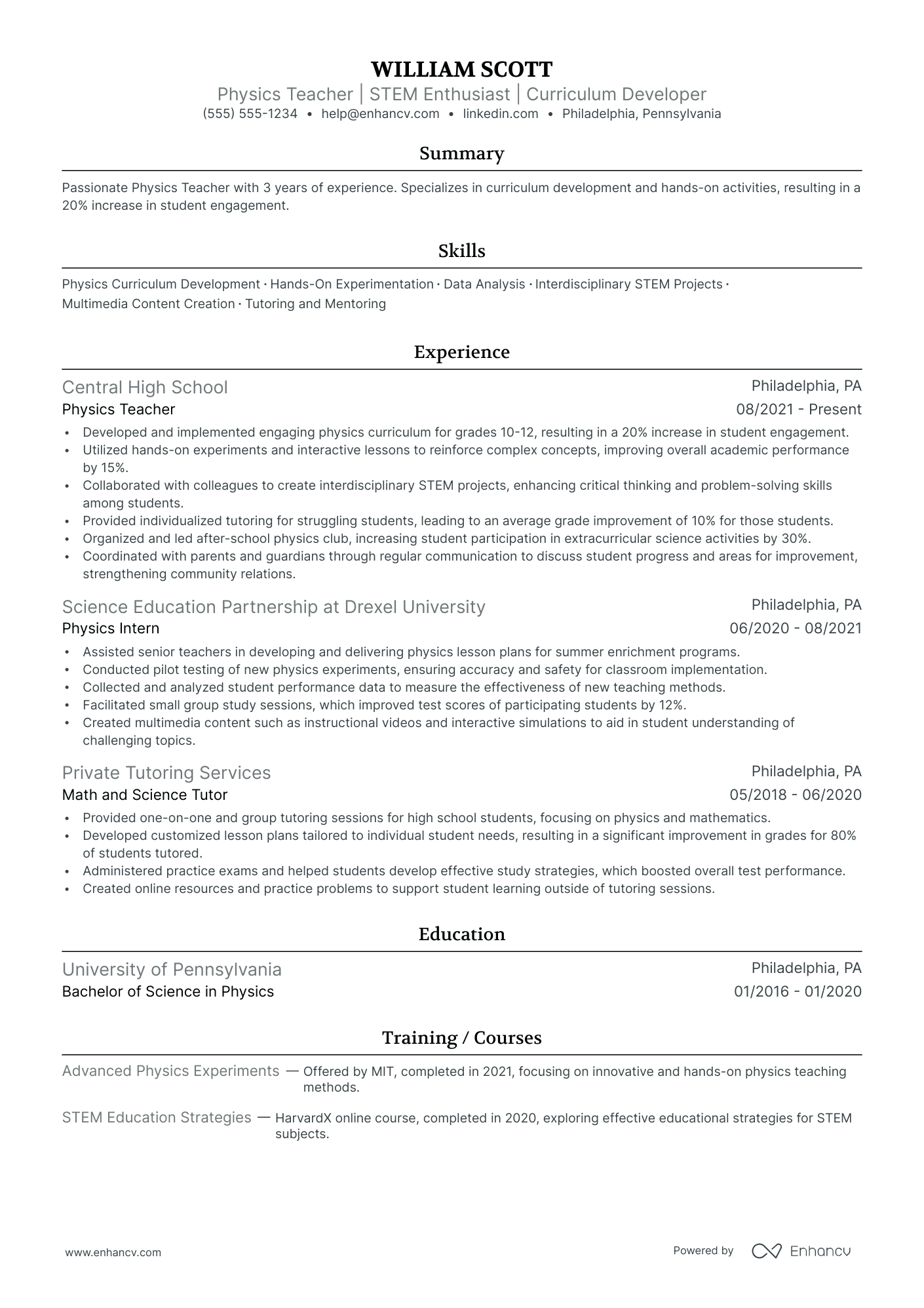 Physics Teacher Resume Example Resume Example