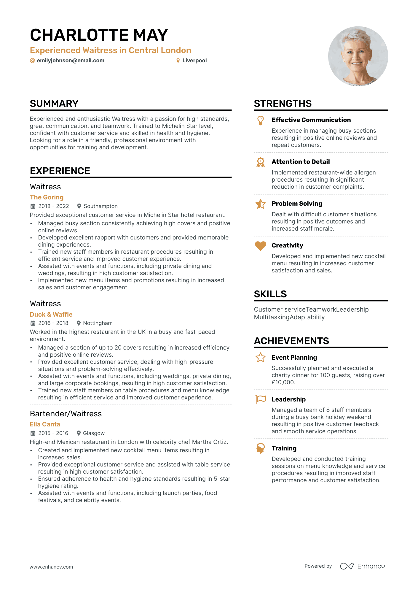 waitress resume example