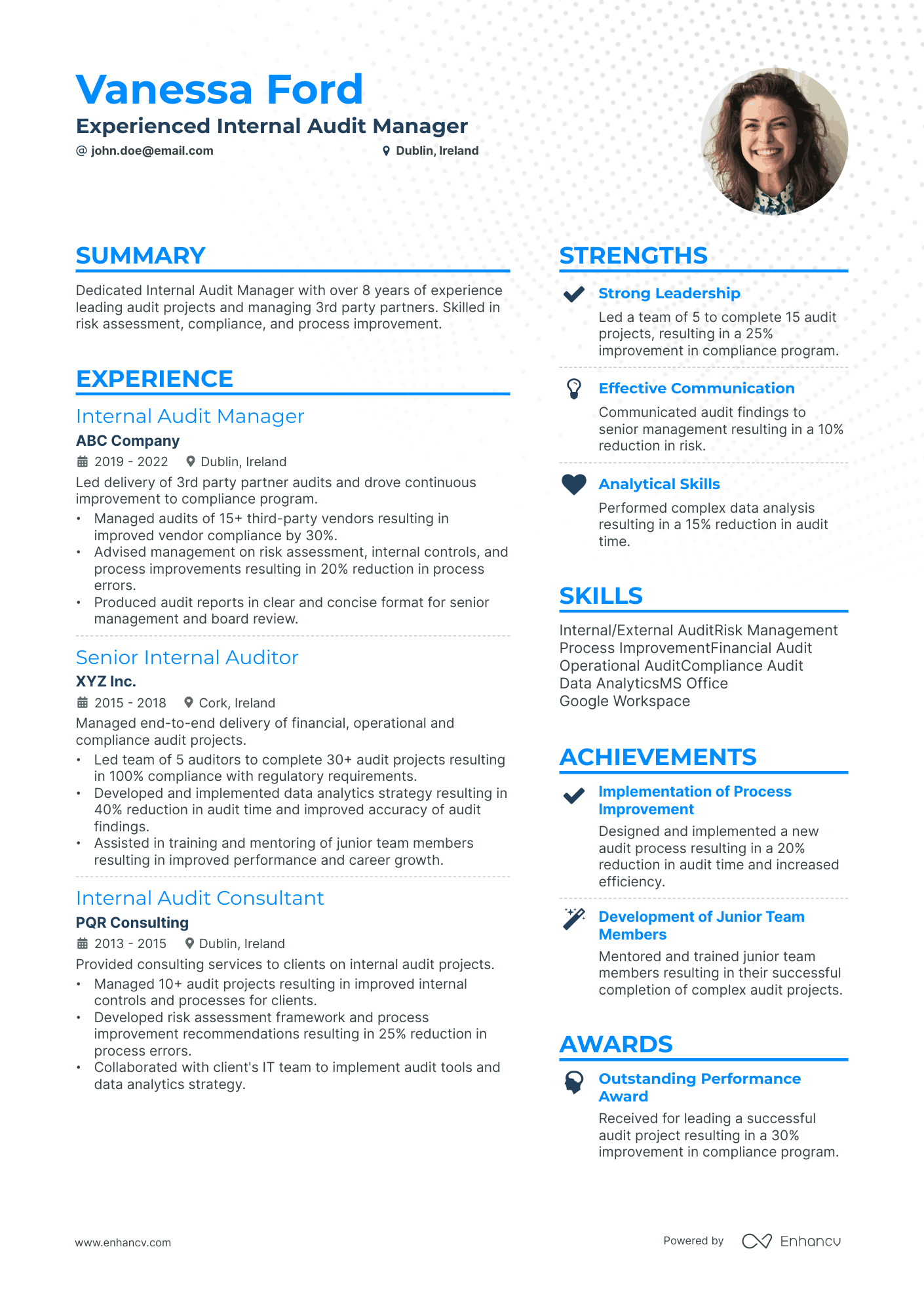 Internal Audit Manager resume example