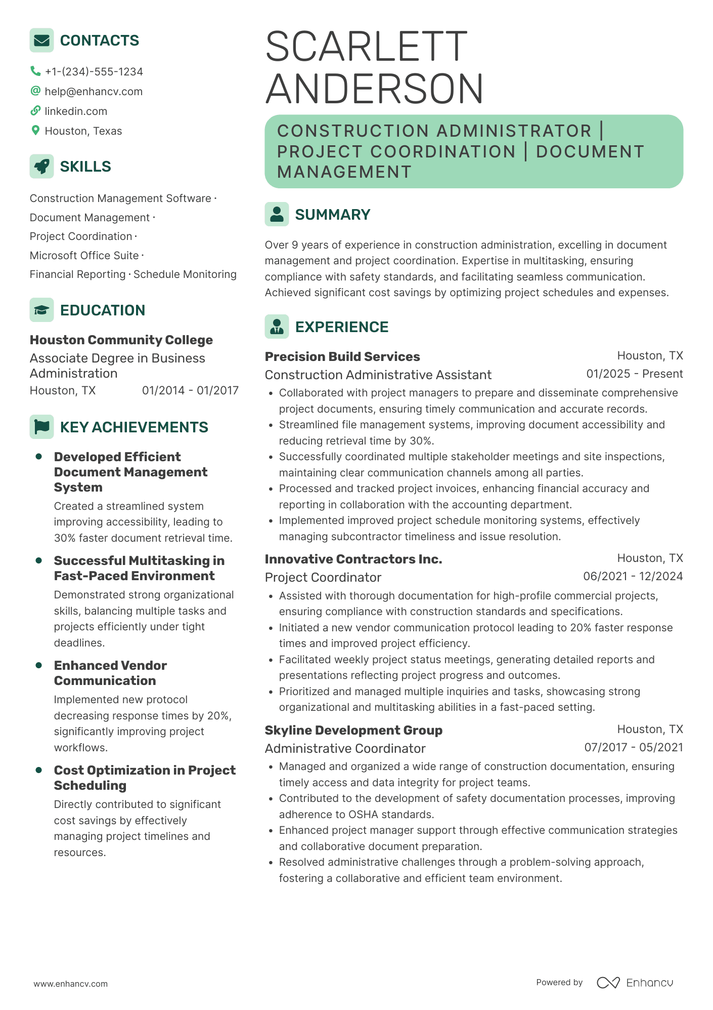 Construction Administrative Assistant resume example