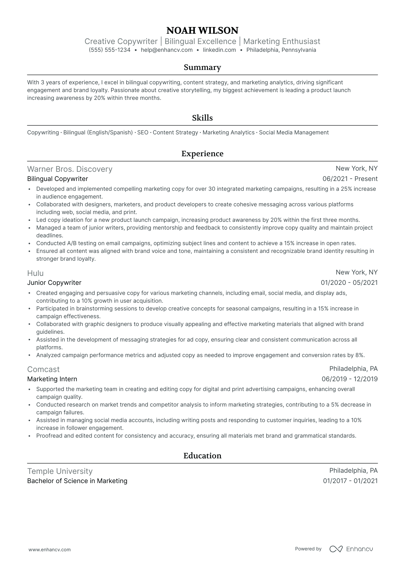 Bilingual Copywriter resume example