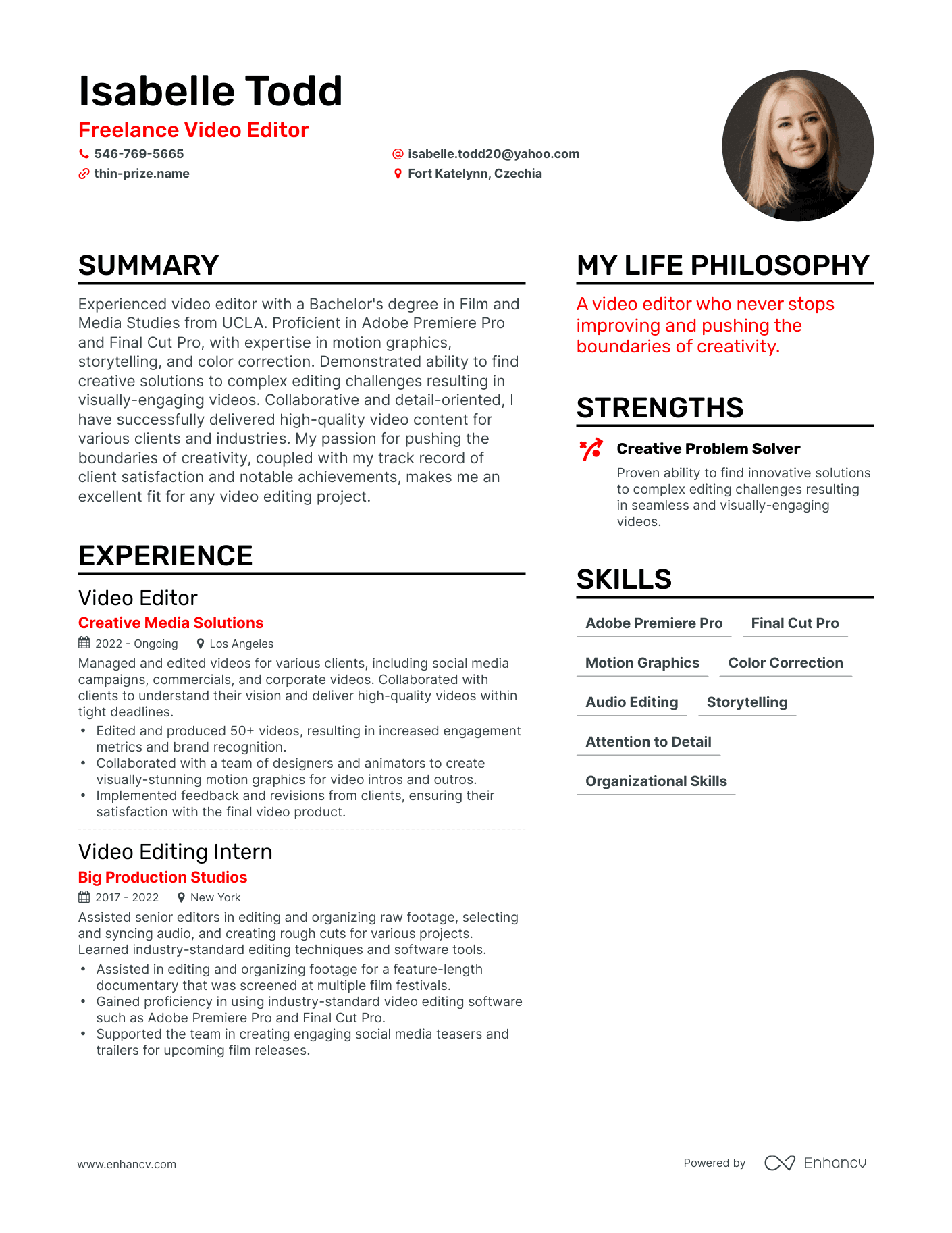 Modern Freelance Video Editor Resume Example