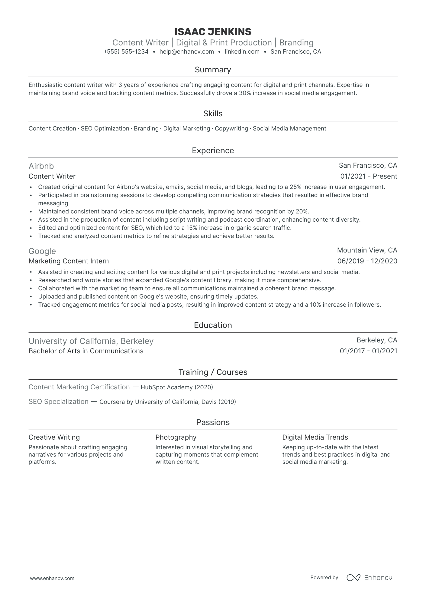 Freelance Content Writer resume example