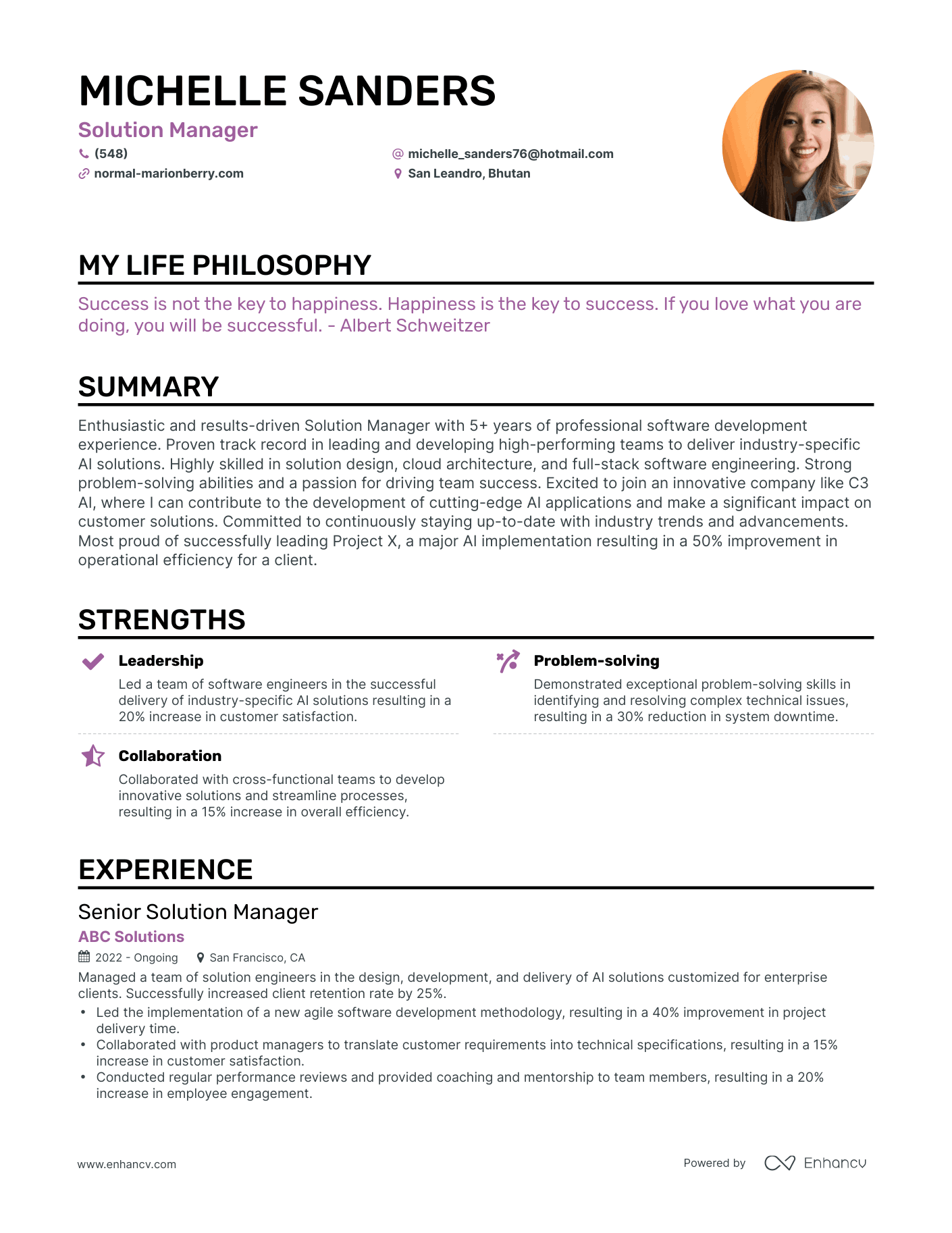 Creative Solution Manager Resume Example