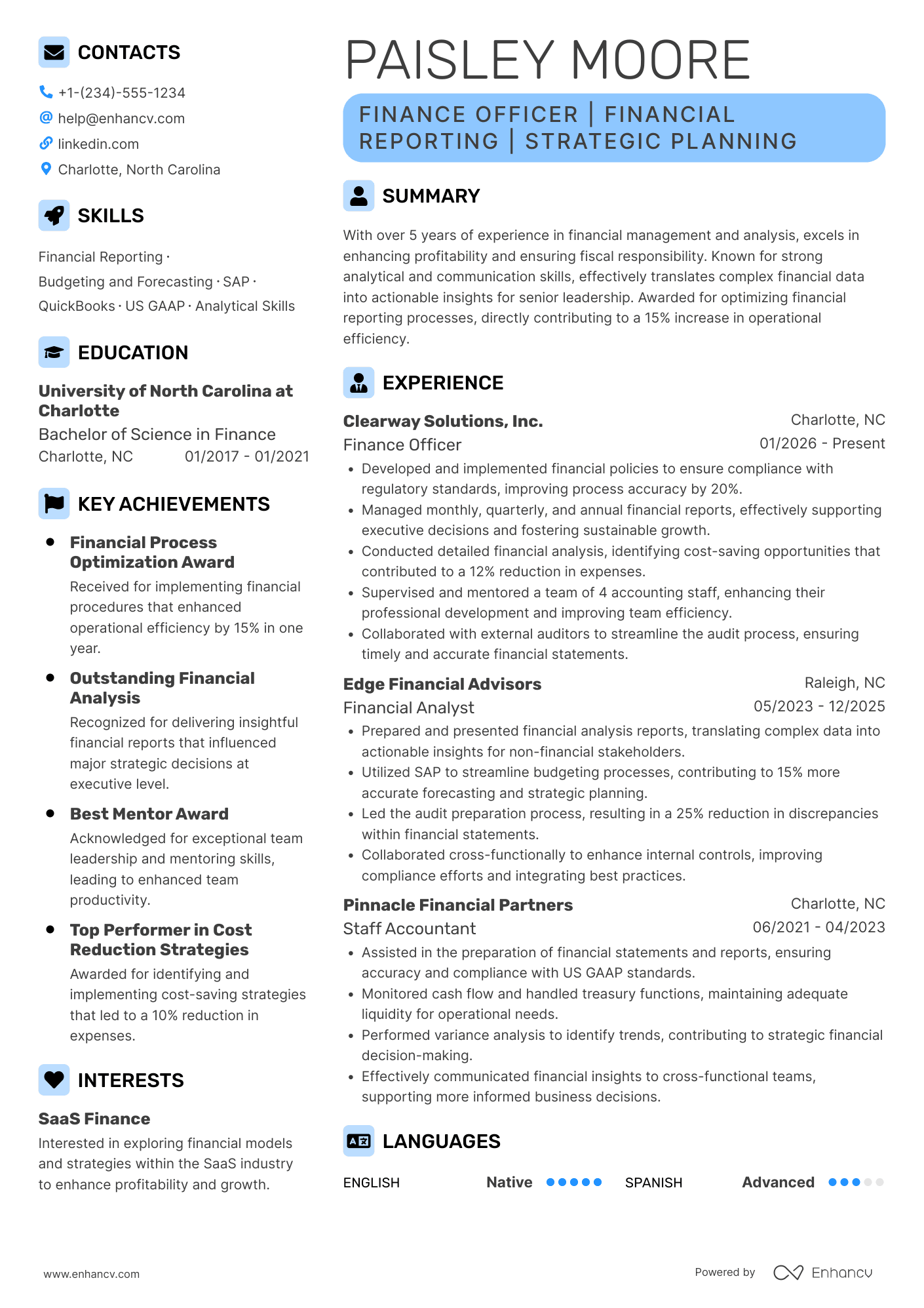Finance Officer resume example