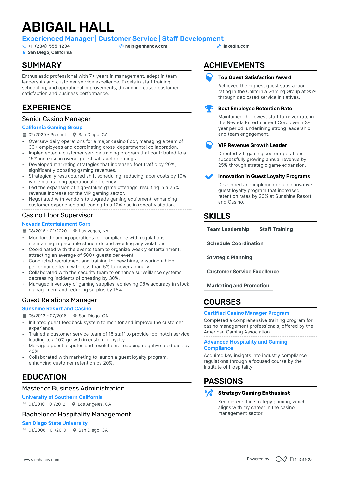 Casino Manager resume example