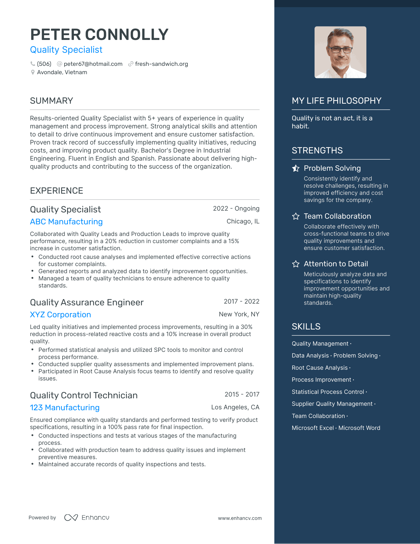 Quality Specialist resume example