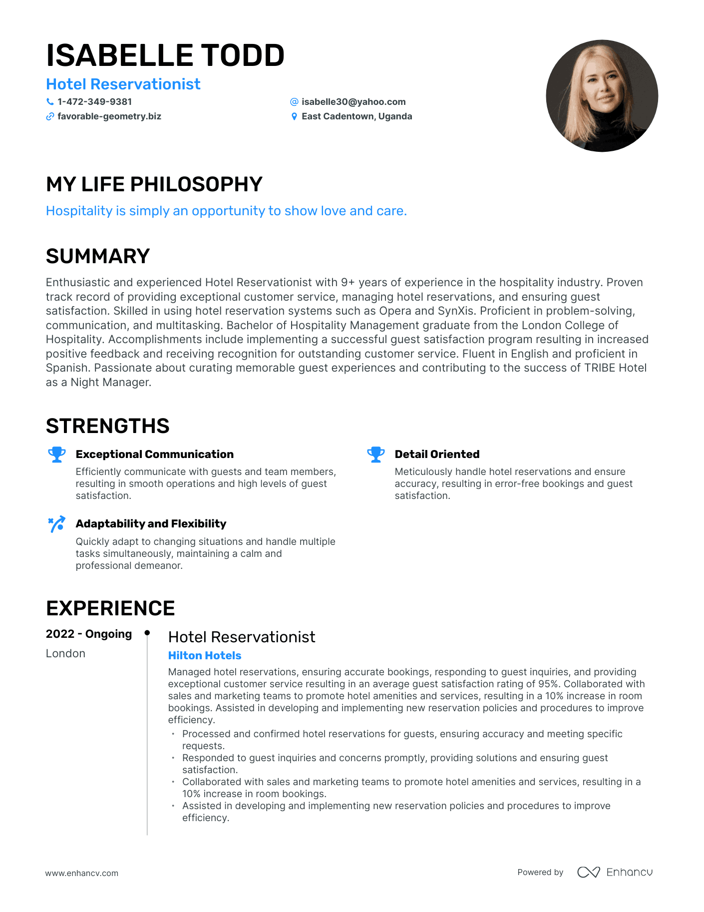 Creative Hotel Reservationist Resume Example