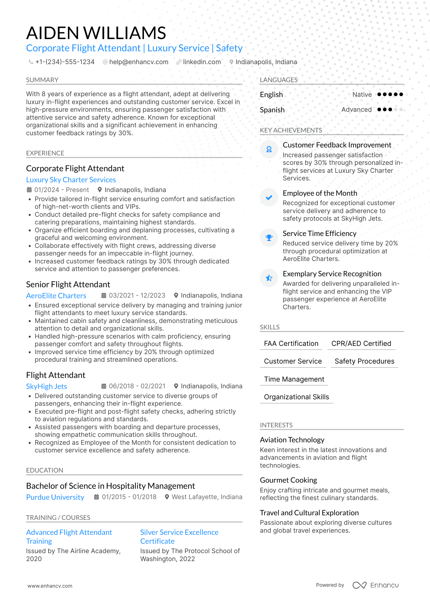 Corporate Flight Attendant resume example