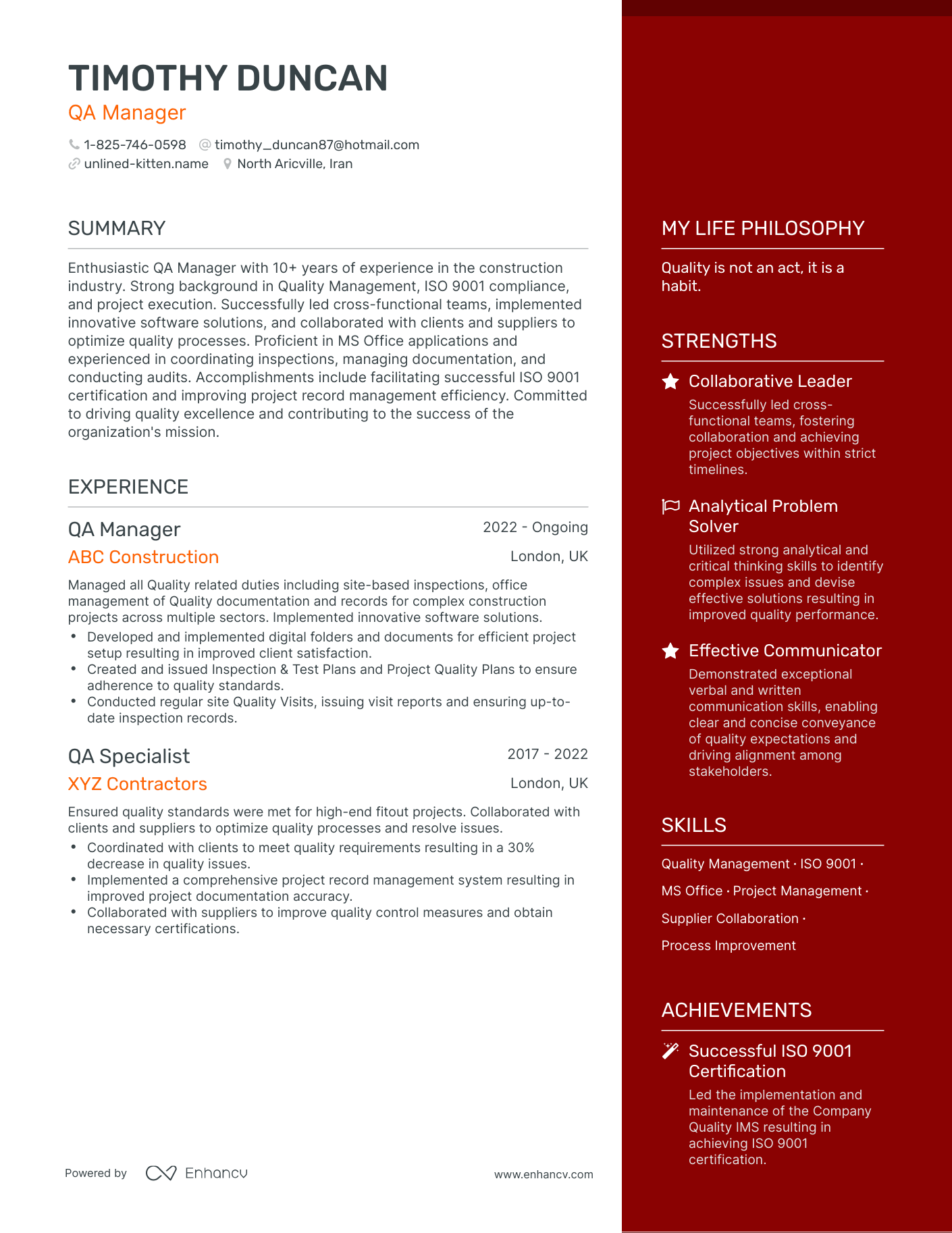 QA Manager resume example