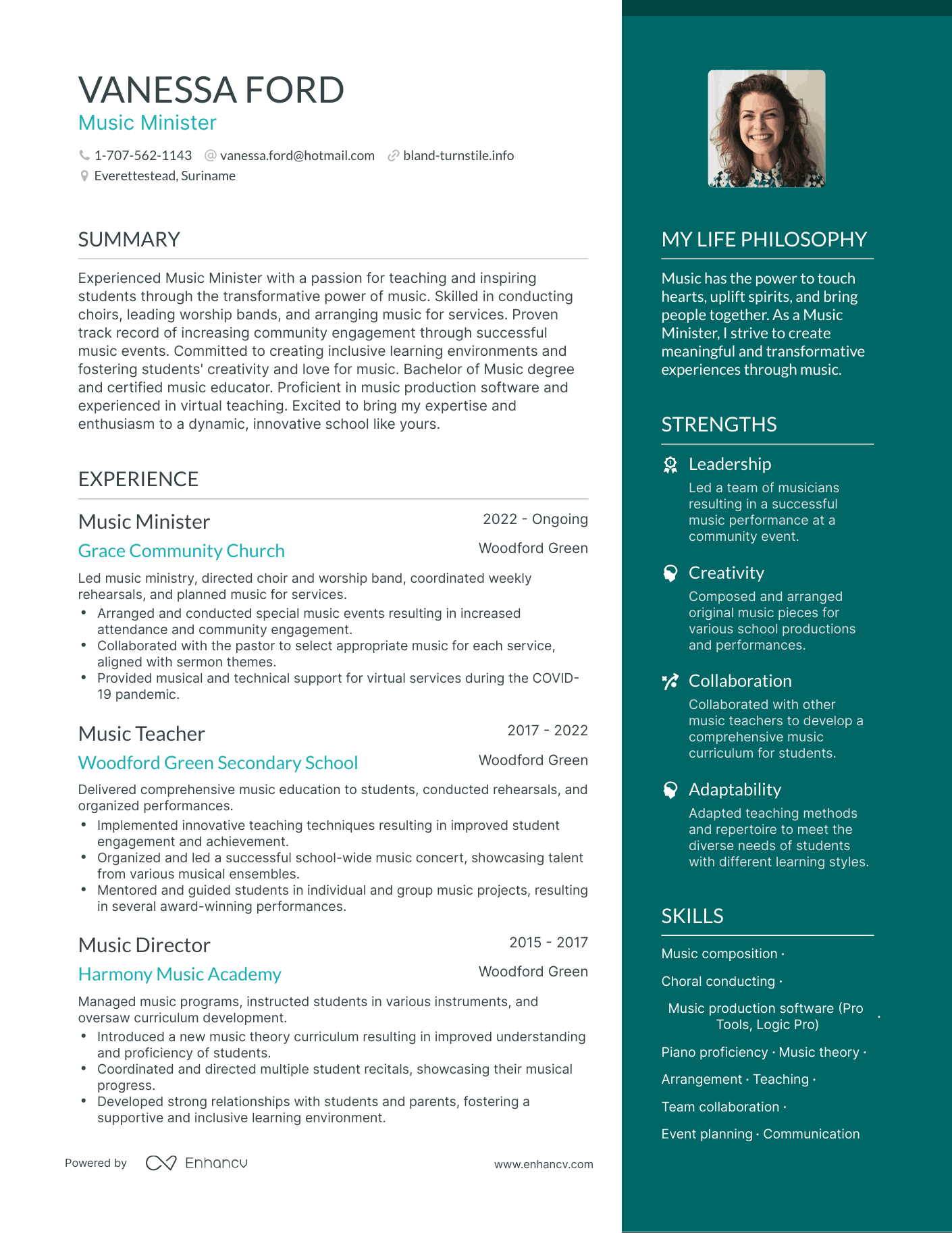 Music Minister resume example