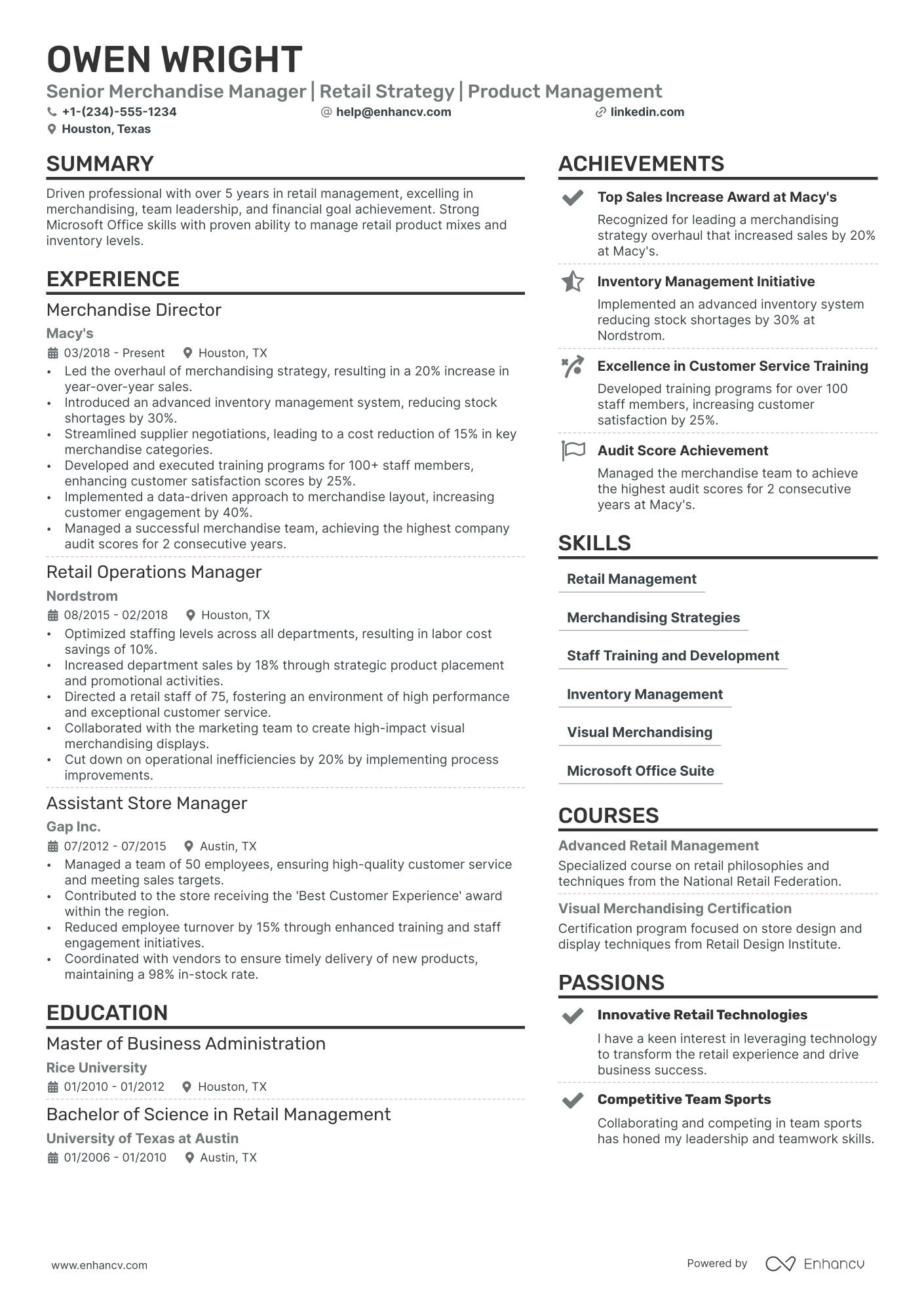 Merchandise Manager resume example